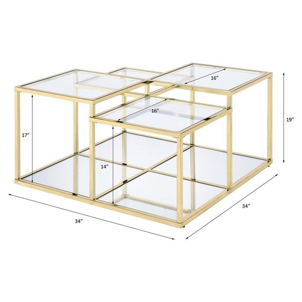 Acme Uchenna Modern Glass Top Coffee Table with Sturdy Metal Frame - Clear Tempered Glass & Gold Finish - Perfect for Living Room, Lounge & Office Decor