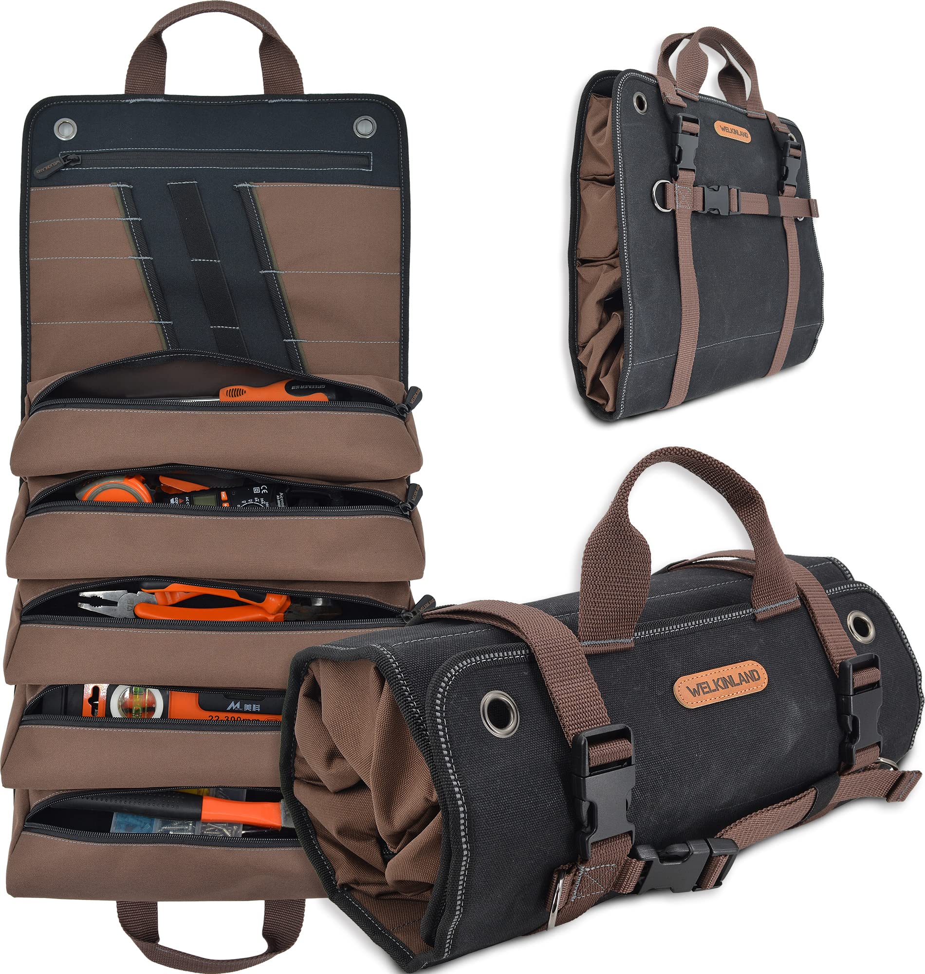 Heavy-Duty Waxed Canvas Tool Organizer with 15 Pockets - 15L Capacity Roll-Up Storage for Tools, Camping & DIY Projects - Perfect for Carpenters, Mechanics & Outdoor Enthusiasts