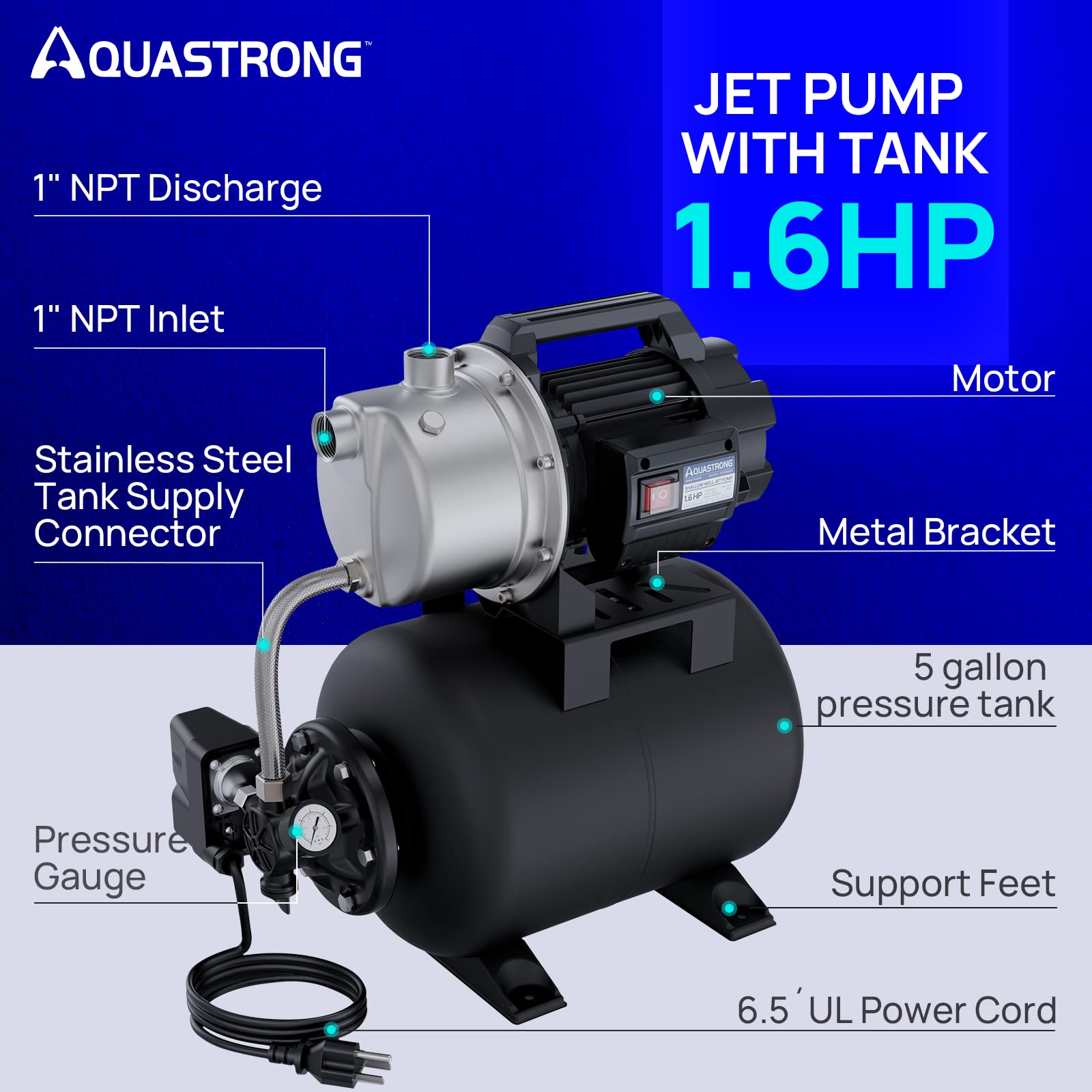 Aquastrong 1.6 HP Shallow Well Pump with Pressure Tank - 1320 GPH, 115V Stainless Steel Water Pump for Home Irrigation, Garden & Lawn | Automatic Water Booster Jet Pump for Efficient Watering & Household Use