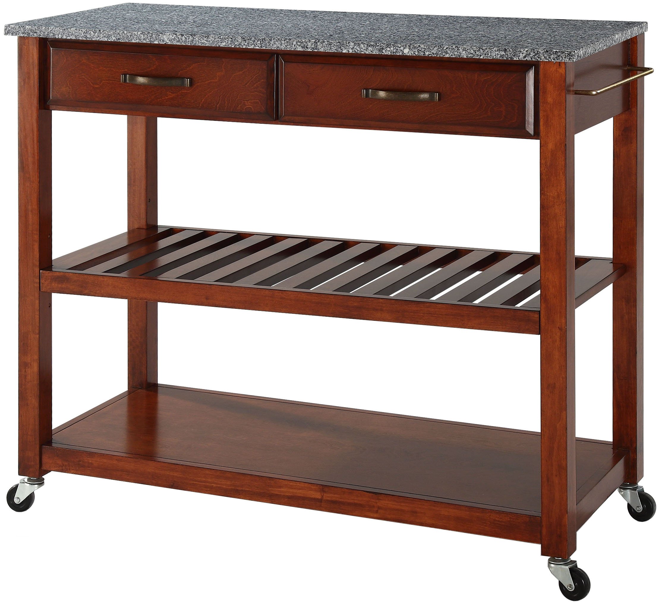 Crosley Granite Top Kitchen Island Cart with Shelves - Microwave Stand, Coffee Bar Station, Cherry Finish - Perfect for Small Spaces, Apartments & Home Kitchen Prep