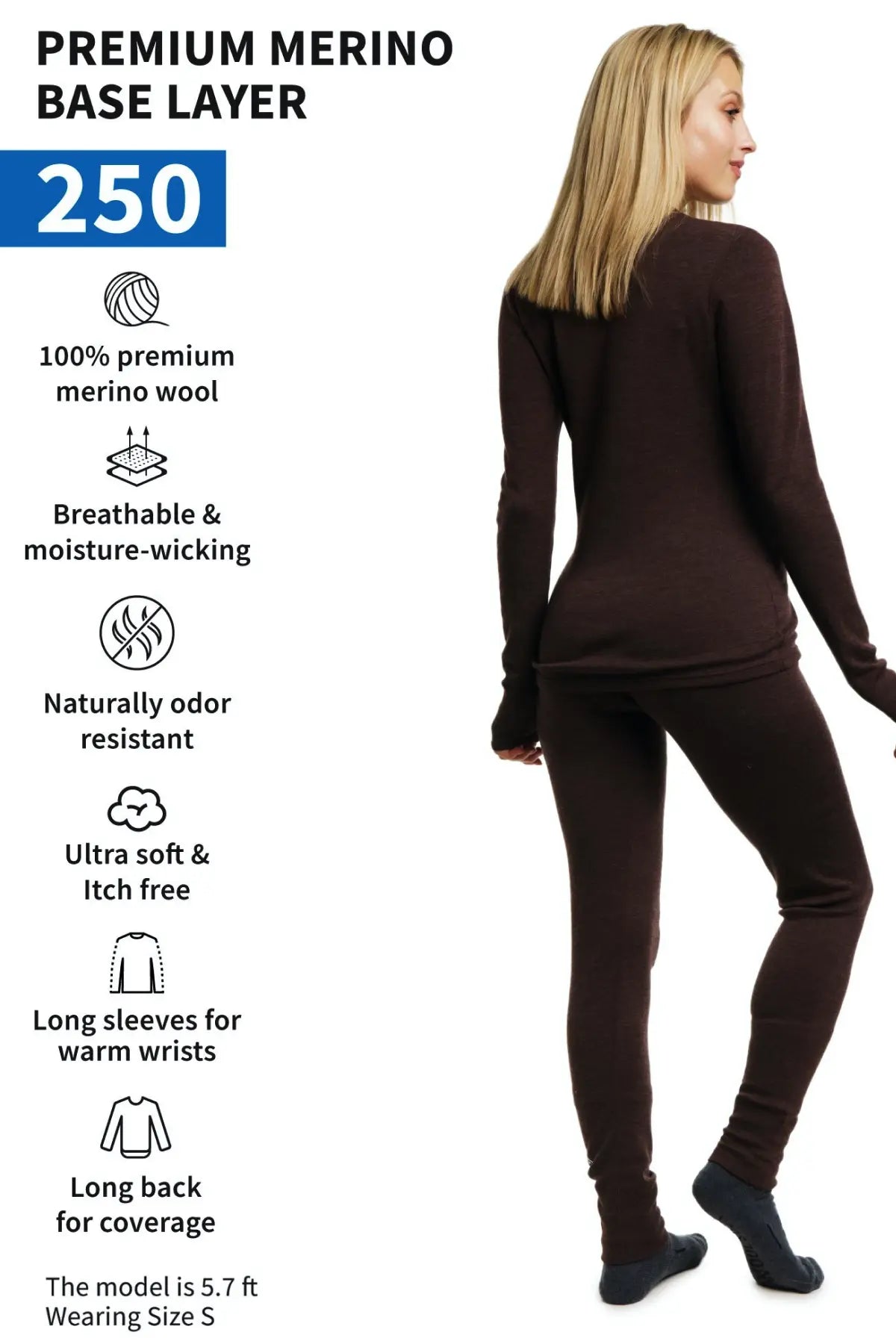 Women's 250g Merino Wool Thermal Underwear Set - Soft & Warm Winter Base Layer for Hiking, Skiing & Cold Weather - Chocolate Brown