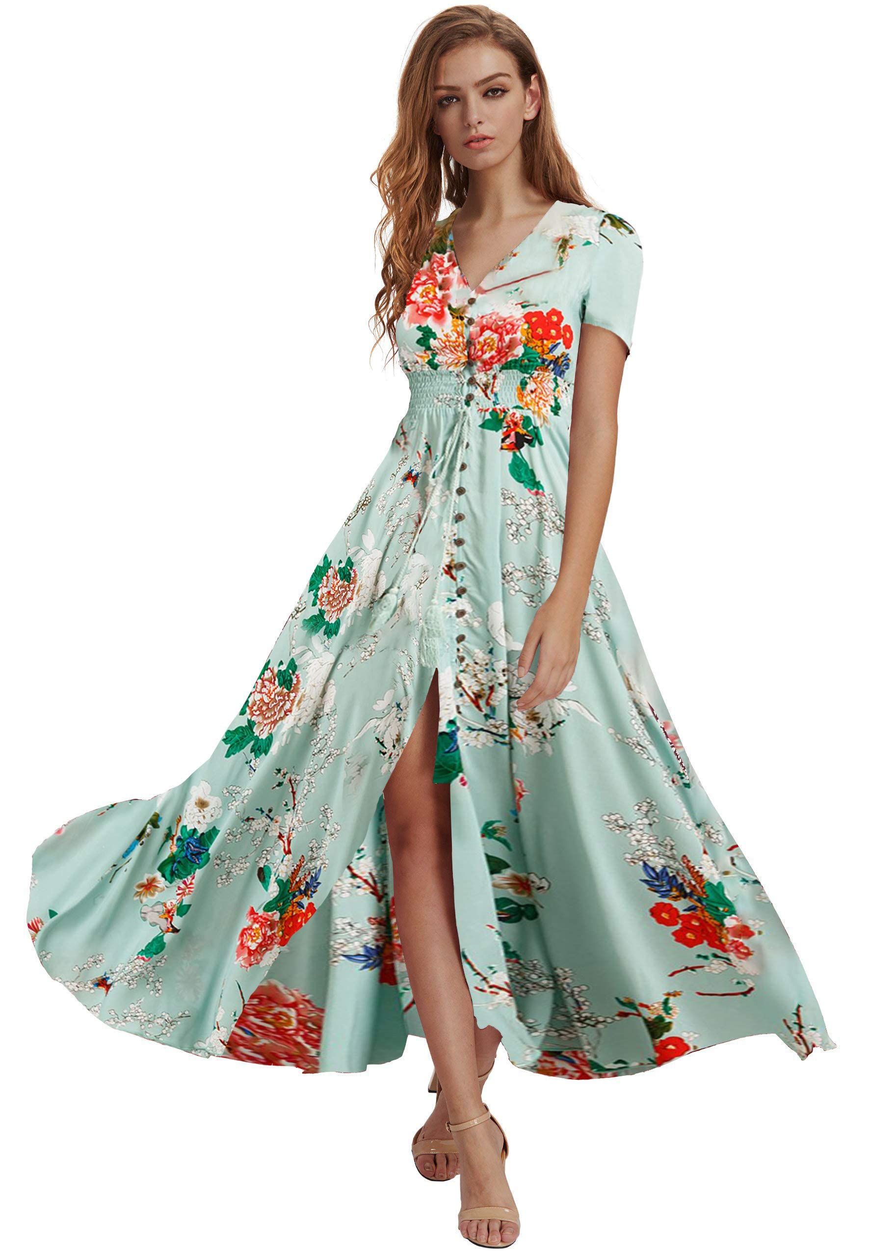 Milumia Women's Floral Print Button Up Split Maxi Dress - Elegant Party & Evening Wear for Weddings, Dinners & Special Occasions