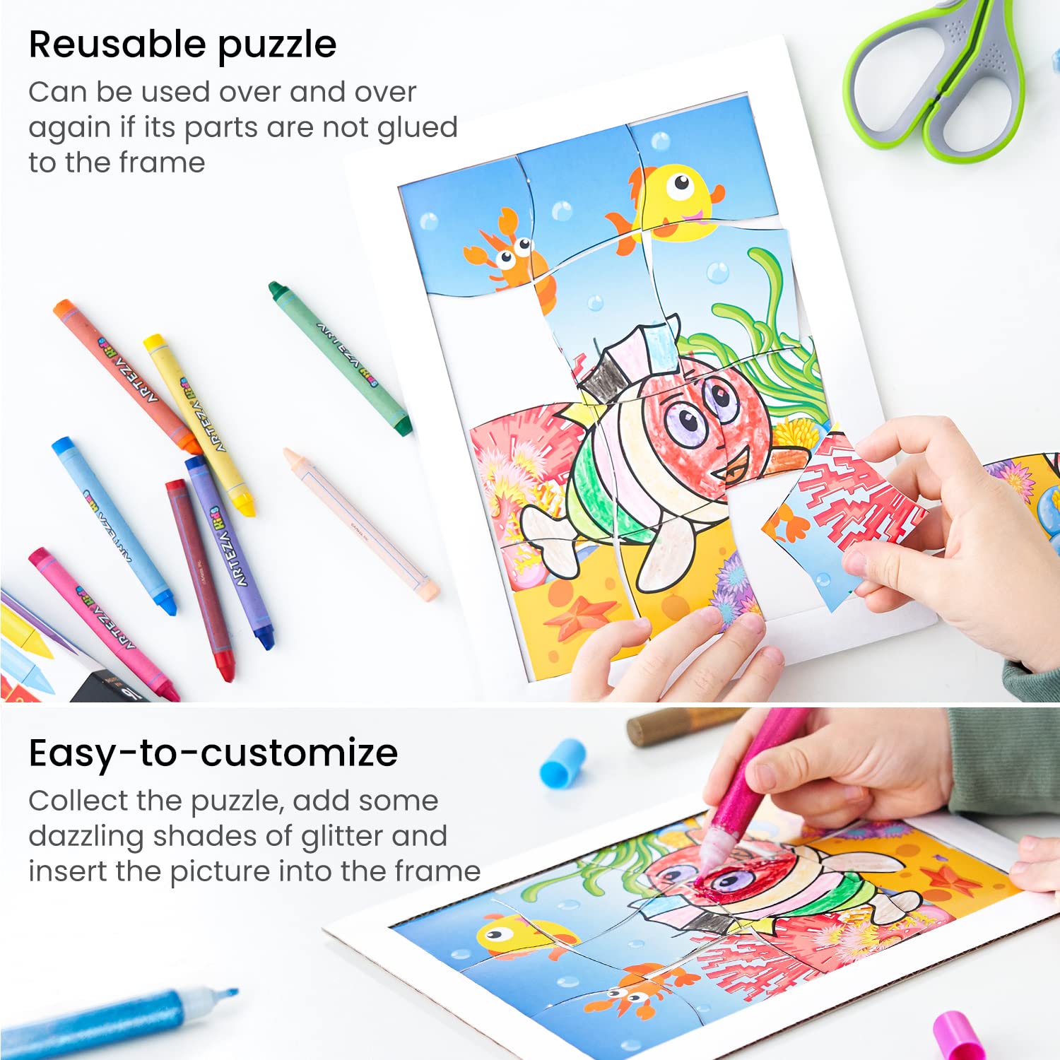 Arteza Kids Sea Life Coloring Puzzle Kit - 5 Puzzles, 16 Crayons, 6 Glitter Glue Tubes, 5 Frames - DIY Art & Craft Supplies for Ages 3+ | Screen-Free Activity, Birthday Gift, Classroom Art Project, Creative Playtime