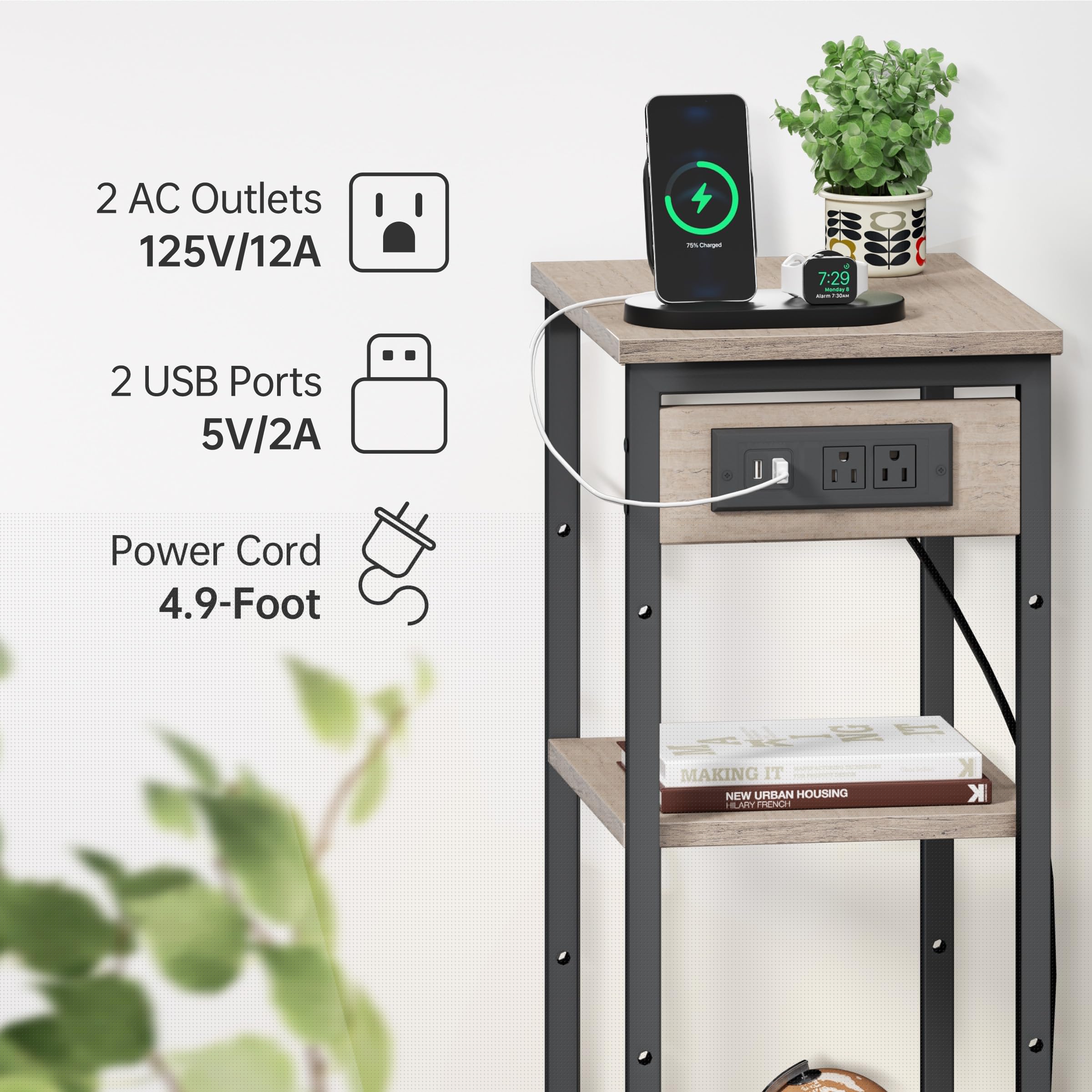 3-Tier Tall End Table with USB Charging Station, Adjustable Shelf & Narrow Design - Nightstand for Bedroom, Side Table for Living Room, Office Desk Organizer - Perfect for Small Spaces & Modern Home Decor (Greige)