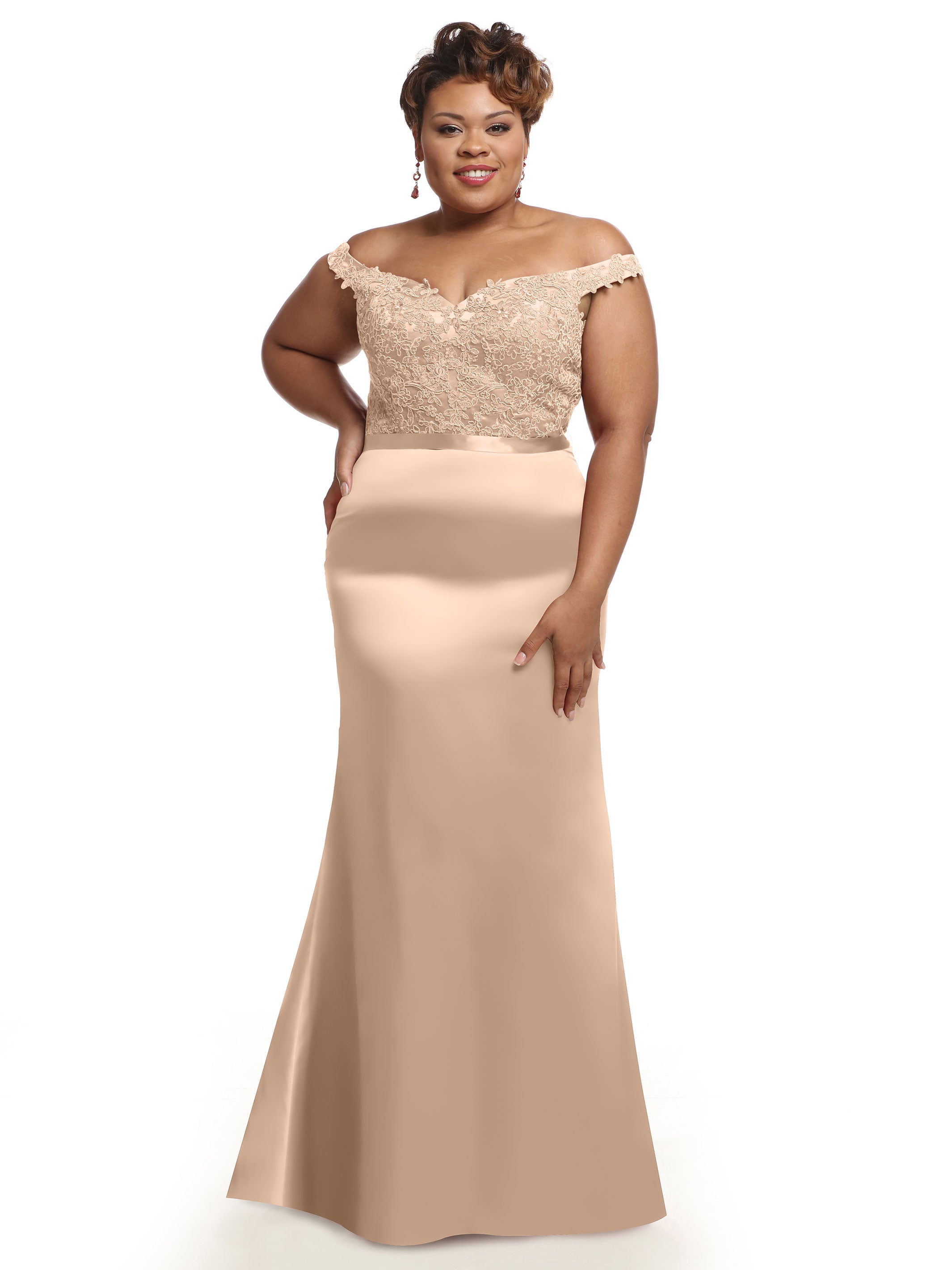 Elegant 80104 Satin Off-The-Shoulder Bridesmaid Dress with Lace Bodice & Waist Sash - Perfect for Weddings, Proms & Formal Events
