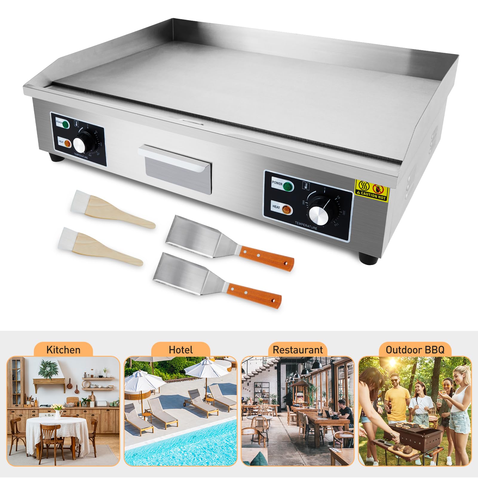 GARVEE 29 Inch Commercial Electric Griddle - 3000W Stainless Steel Flat Top Grill with Non-Stick Surface for Restaurant, Kitchen & Outdoor BBQ (110V, No Plug Included) - Perfect for Teppanyaki, Pancakes, Burgers & Large Batch Cooking