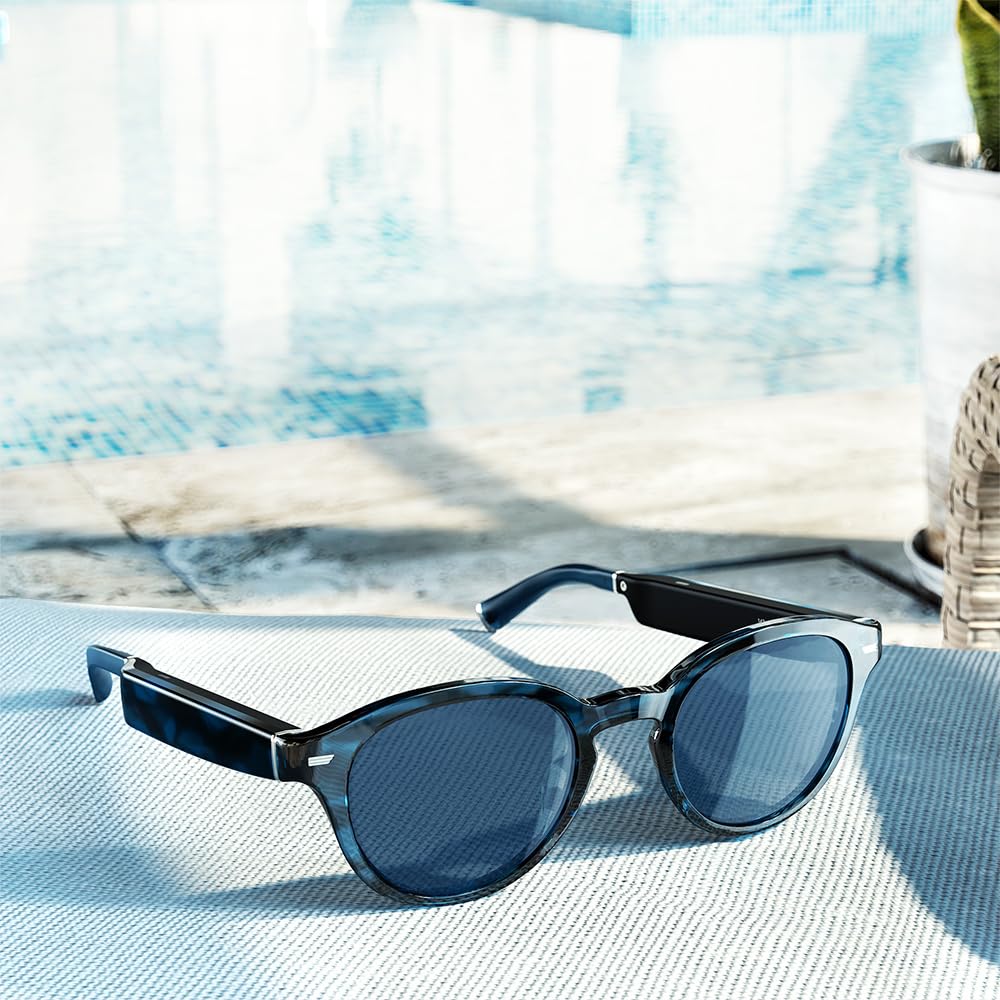 Amazon Echo Frames (2nd Gen) - Smart Glasses with Alexa Built-in, Blue Tortoise Round Frame with Polarized Sunglass Lenses - Hands-Free Calls, Music & Smart Home Control for Workouts, Driving & Outdoor Activities