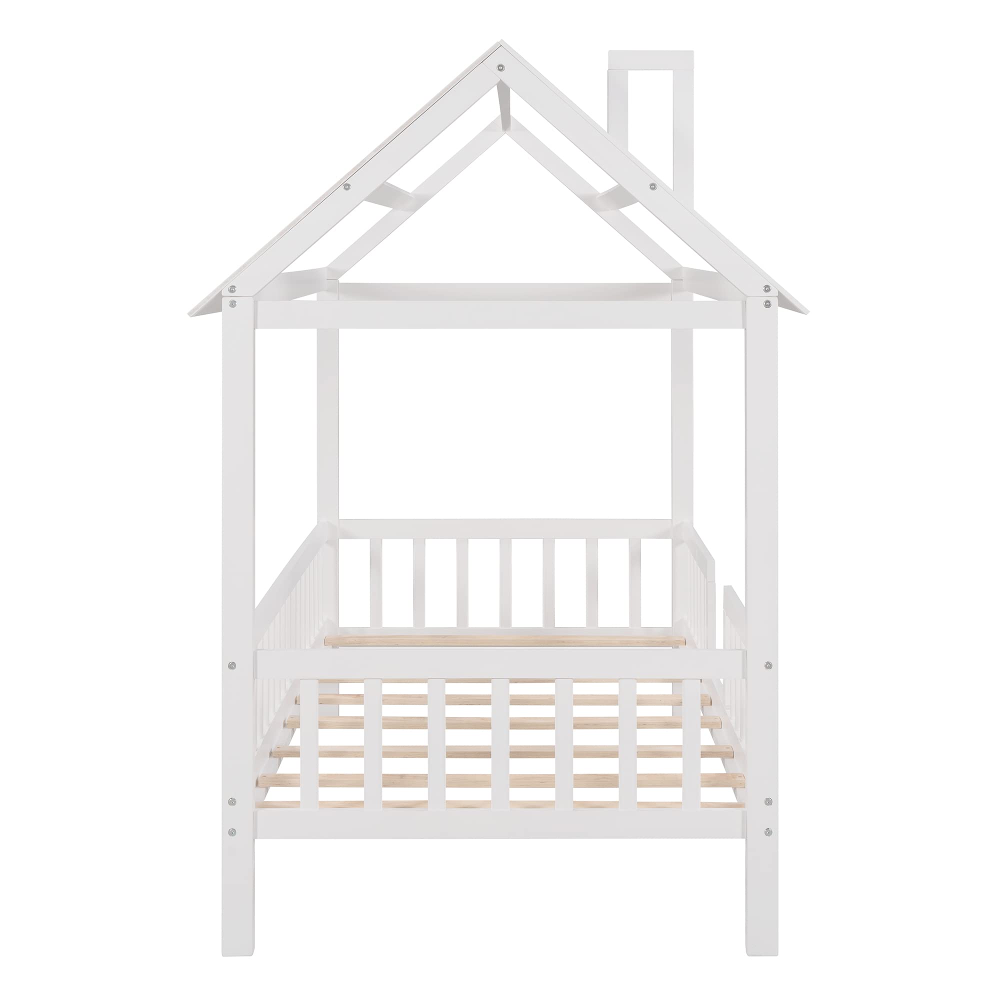 Harper & Bright Designs Twin Size Kids House Bed - Wooden Bed Frame with Roof, Chimney & Fence - Toddler Platform Bed with Slats Support (No Box Spring Needed) - White & White - Perfect for Kids' Bedroom, Playroom & Nursery Decor