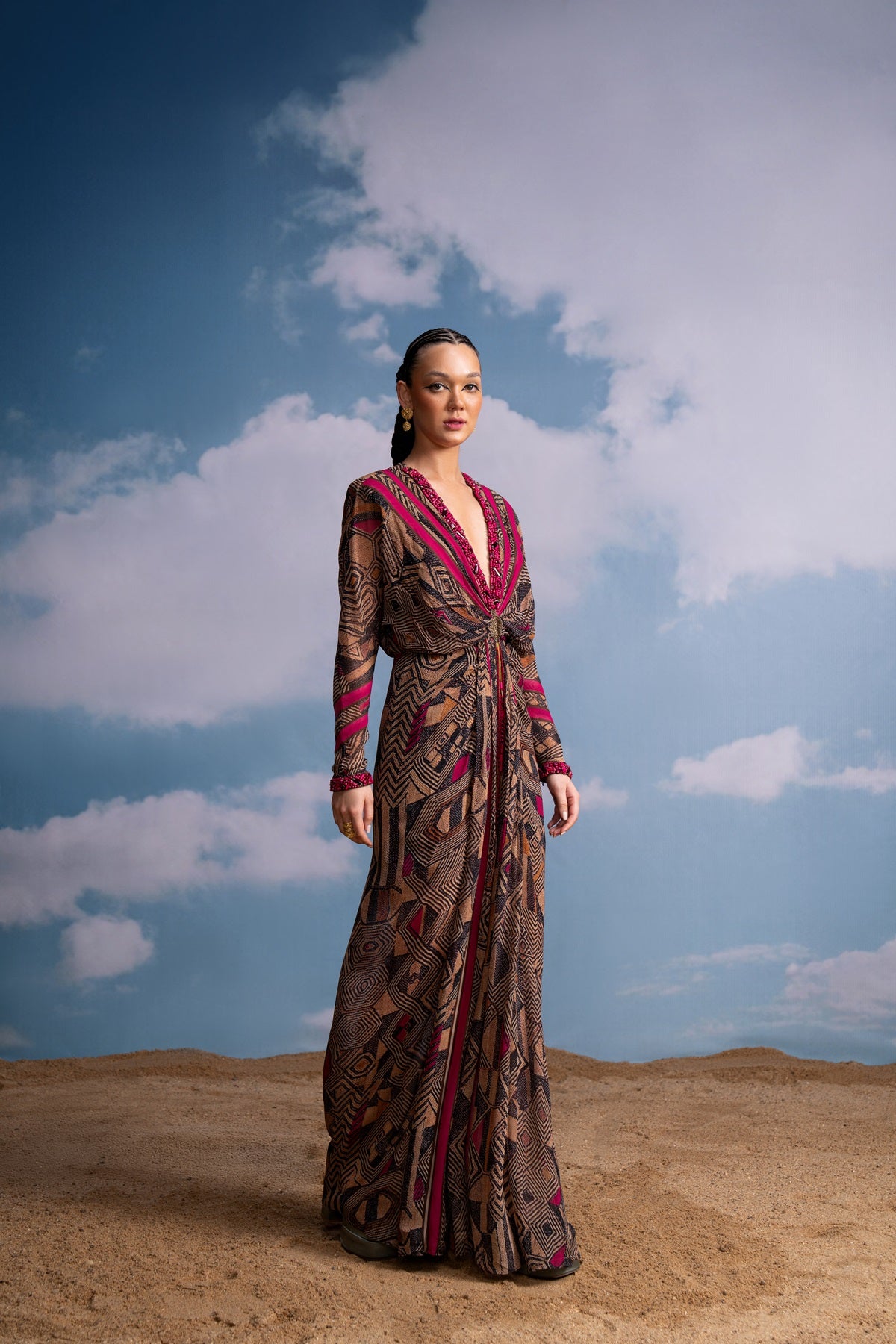 Elegant Fuchsia Pink Geometric Draped Dress with Hand Embroidery - Perfect for Evening Parties, Weddings & Special Occasions