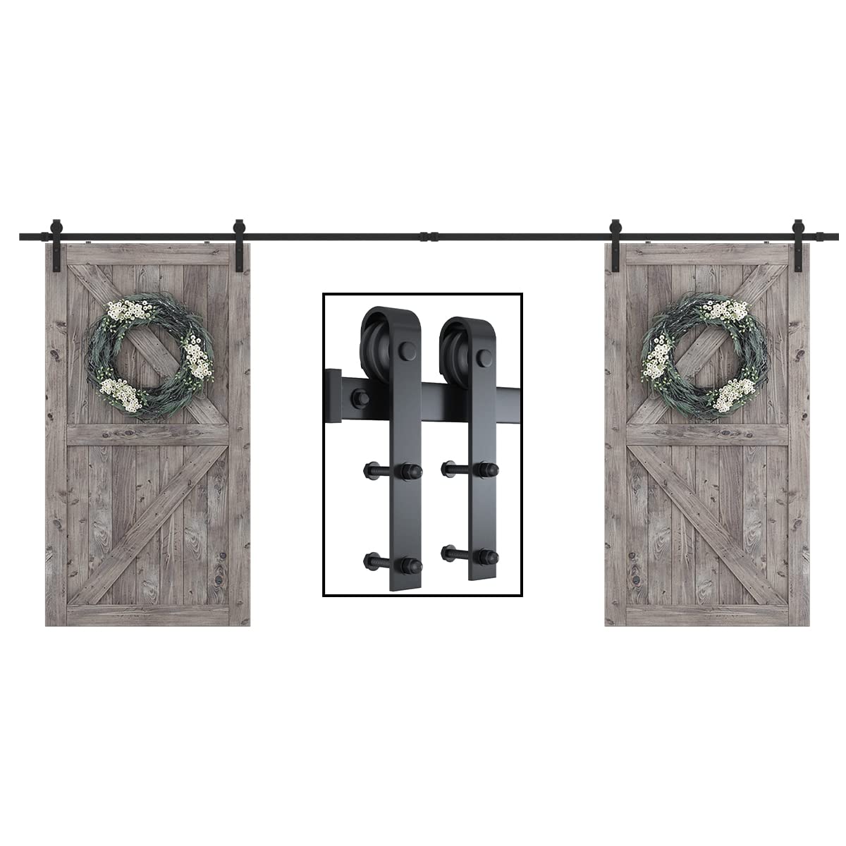 SMARTSTANDARD 15ft Heavy Duty Double Door Sliding Barn Door Hardware Kit - Smooth Quiet Operation - Easy Installation with Step-by-Step Guide - Fits 42