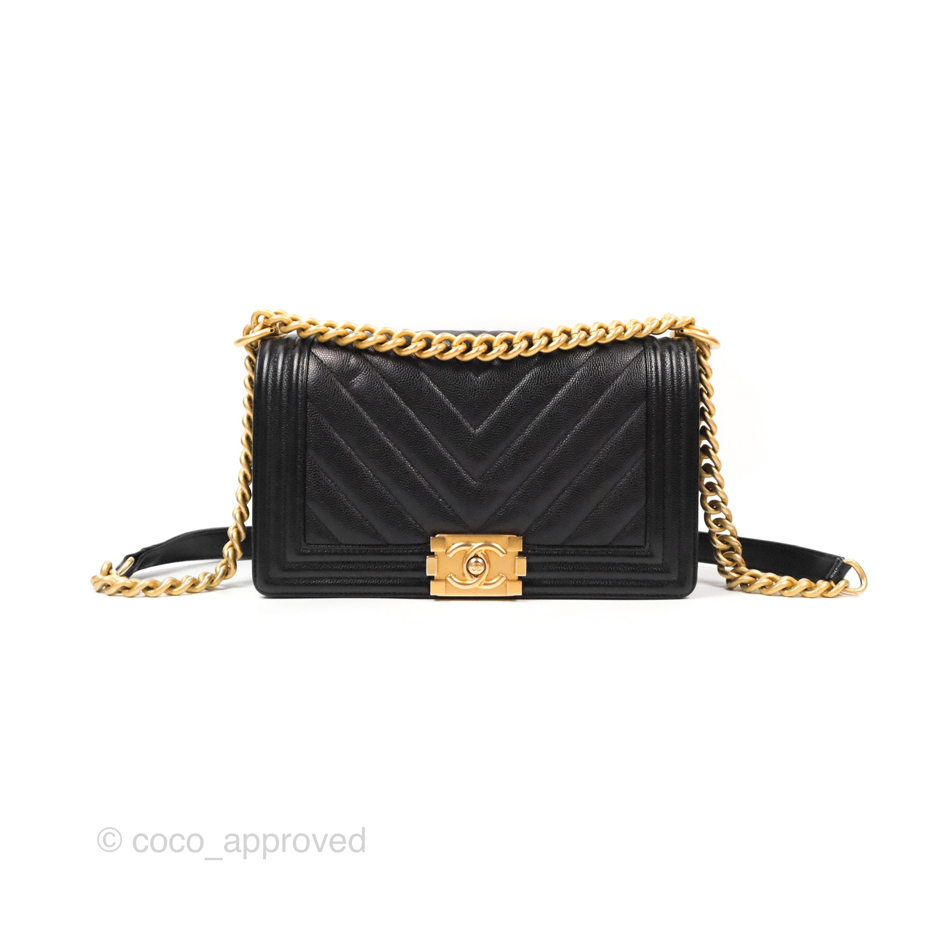 Chanel Chevron Medium Boy Bag in Black Caviar Leather with Aged Gold Hardware - Luxury Crossbody Bag for Women, Perfect for Evening Events & Parties