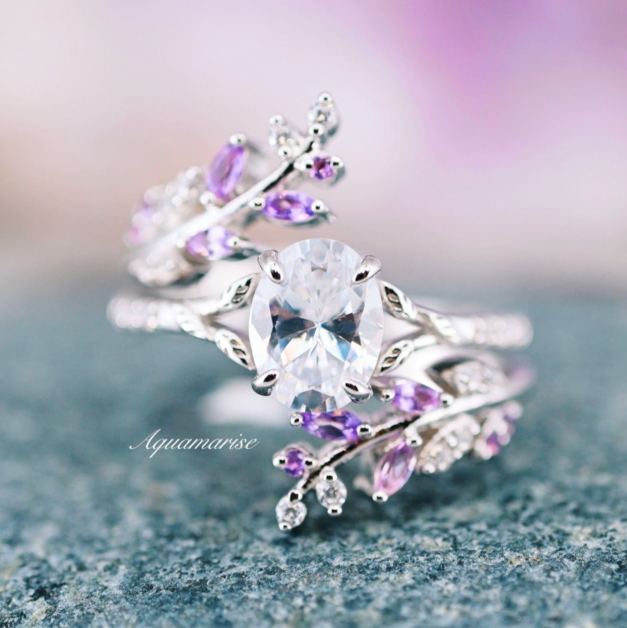 Fairy Amethyst & Diamond Engagement Leaf Ring Set - 925 Sterling Silver Wedding Band for Women, Nature-Inspired Jewelry Gift for Brides, Anniversaries & Special Occasions