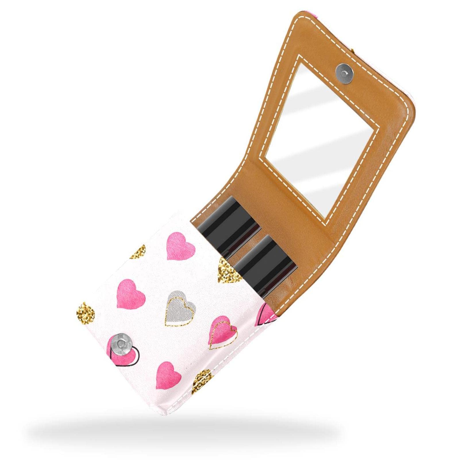 Personalized Lipstick Case - Portable Makeup Bag & Cosmetic Pouch Organizer (Pink, Gold, Grey) with Love Heart Pattern - Perfect for Travel, Gift & Daily Makeup Storage