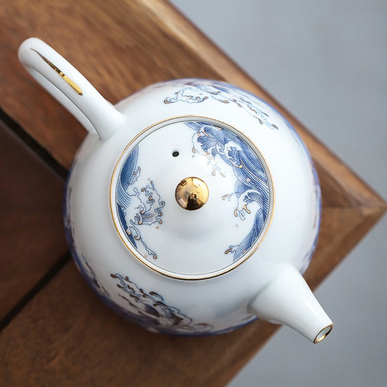 Premium Chinese Sea Wave Ceramic Teapot with 24K Gold Trim - Elegant Tea Brewing for Home, Office & Gift Giving