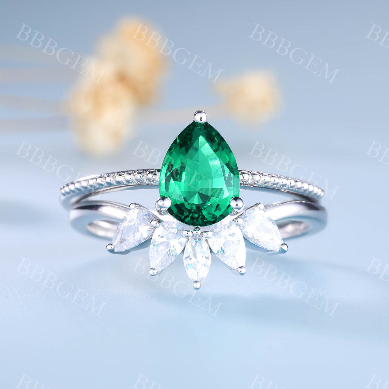 Pear Emerald Marquise Cut Cluster Ring - Handmade Stackable Band Jewelry for Women - Perfect for Weddings, Anniversaries & Everyday Elegance