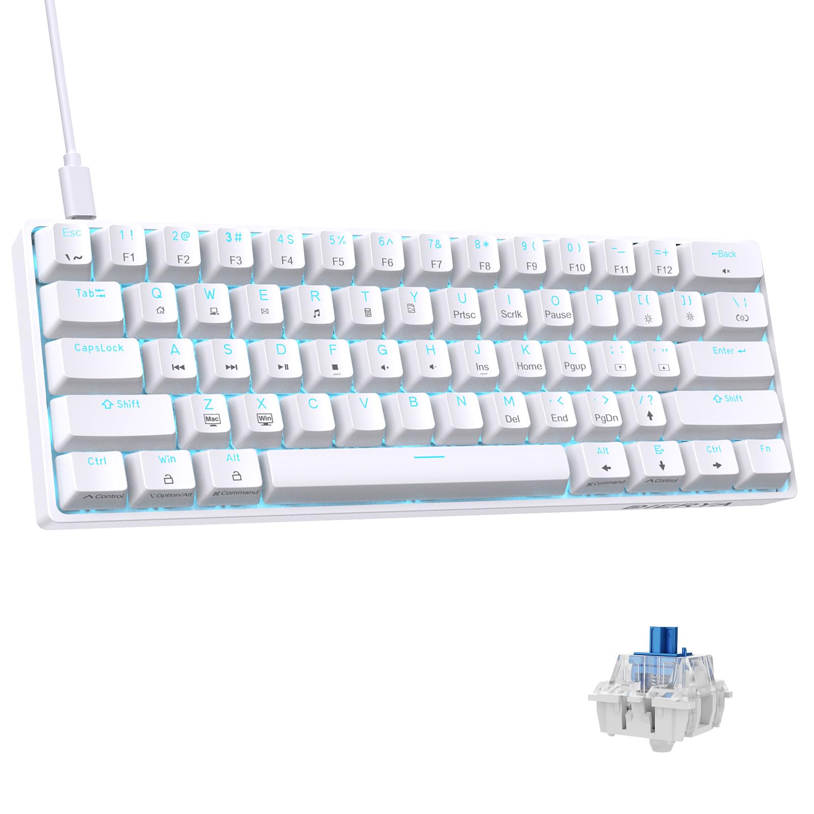 DIERYA DK61SE 60% Compact Mechanical Gaming Keyboard - 61 Keys with Blue Clicky Switches, RGB Backlit, Anti-Ghosting, USB-C Wired for PC, Laptop Gamers & Typists - Perfect for Esports, Office Work & Programming