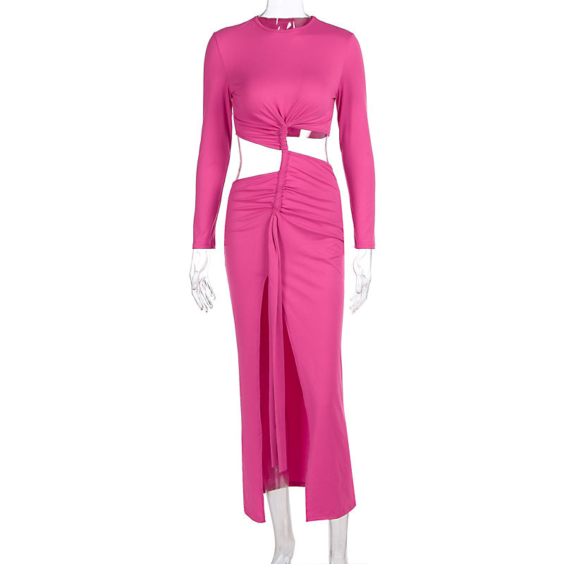 LOVEVOP 2025 Women's Fashion Slim Long Sleeve Pleated Dress with High Split & Round Neck - Elegant Fall Winter Outfits for Dating, Parties and Office Wear