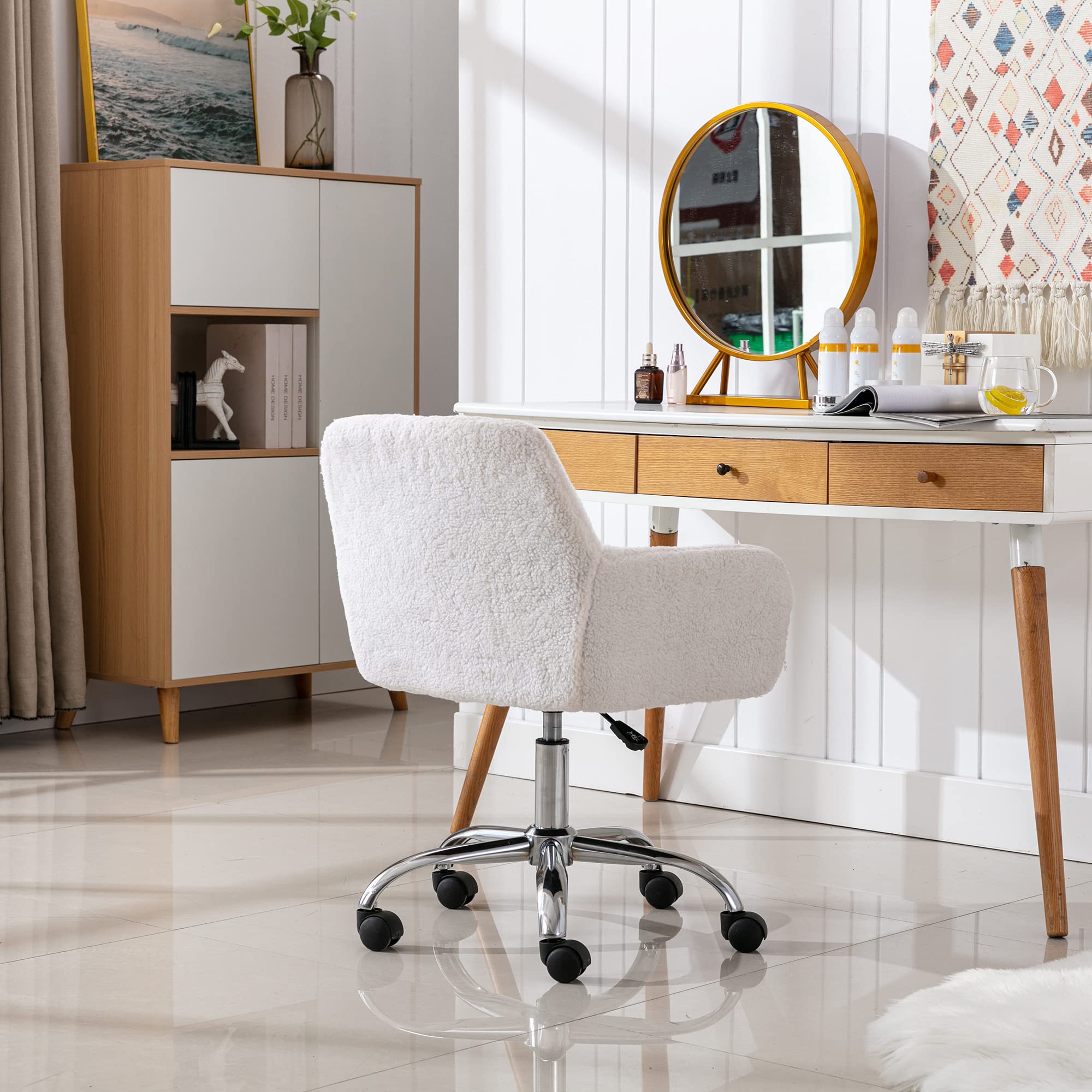 KCC Faux Fur Vanity Makeup Desk Chair - Fluffy Swivel Office Chair with Wheels, Adjustable Height Upholstered Armchair for Women Girls, Elegant Home Office & Bedroom Decor (Pink, White)