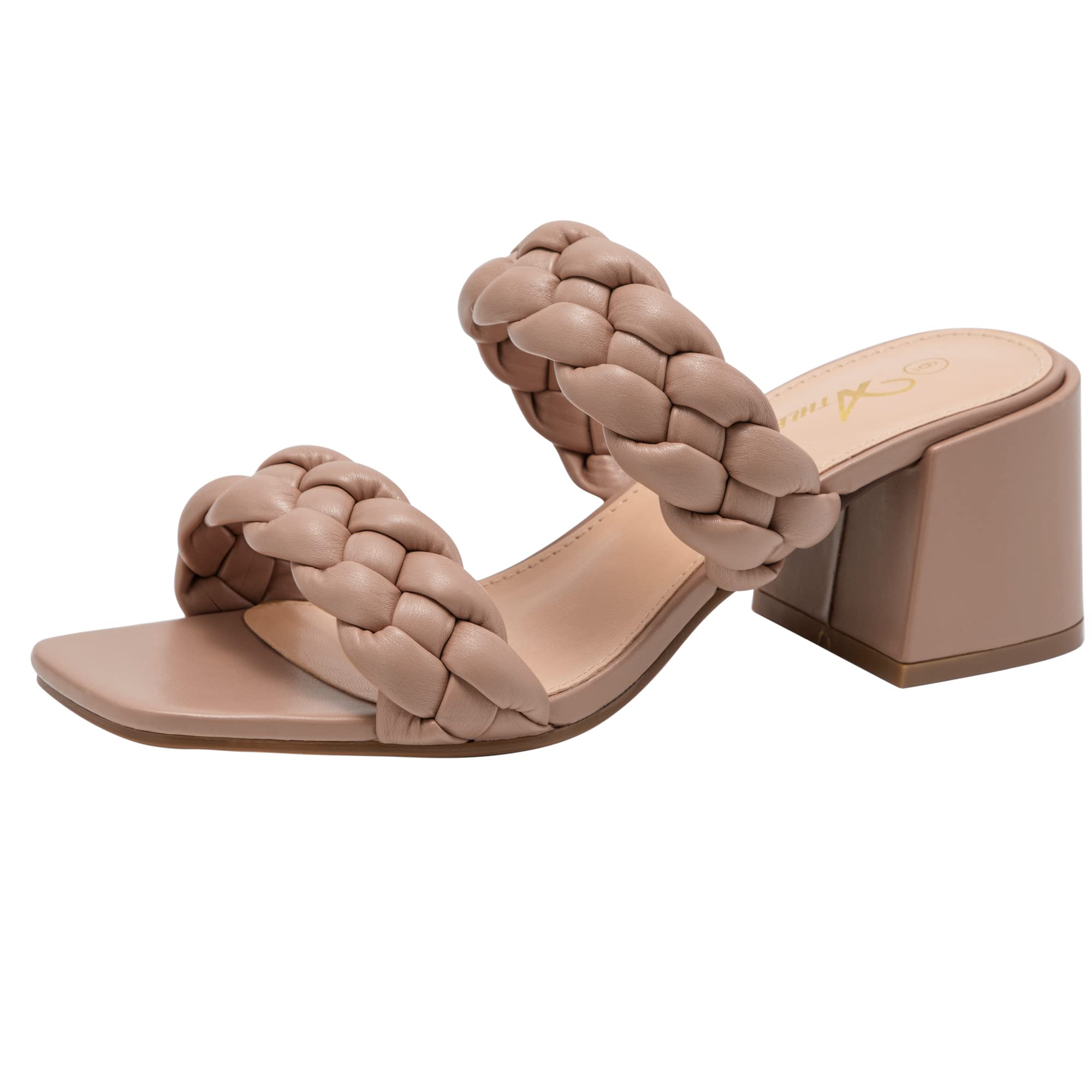Athlefit Women's Braided Heeled Sandals - Strappy Square Open Toe Backless Mules Slip On Block Heels for Summer Weddings, Beach Vacations & Night Out Parties