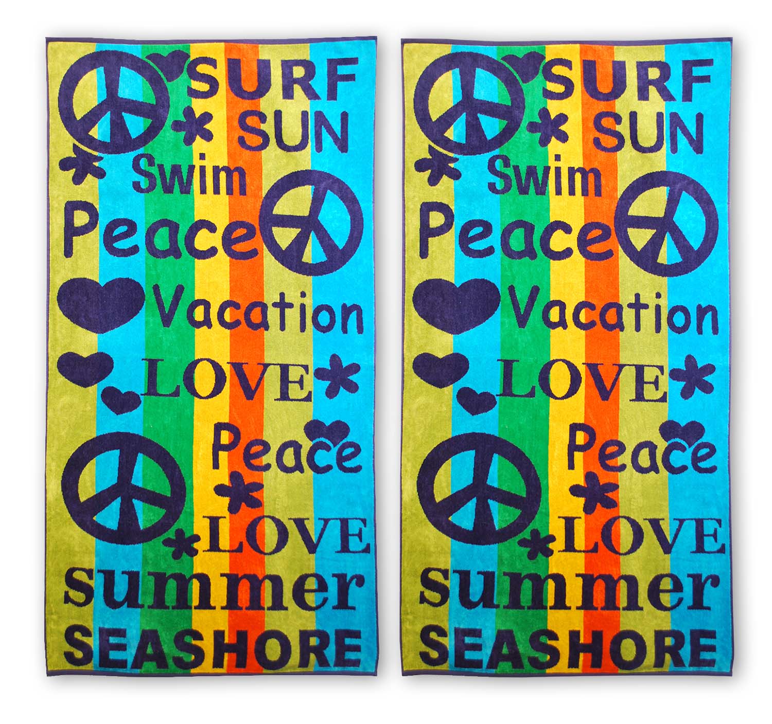 Peace Love Oversized Cotton 2-Piece Beach Towel Set - Soft Absorbent Quick-Dry Bath Towels for Pool, Beach, Yoga & Gym - Boho Chic Home Decor