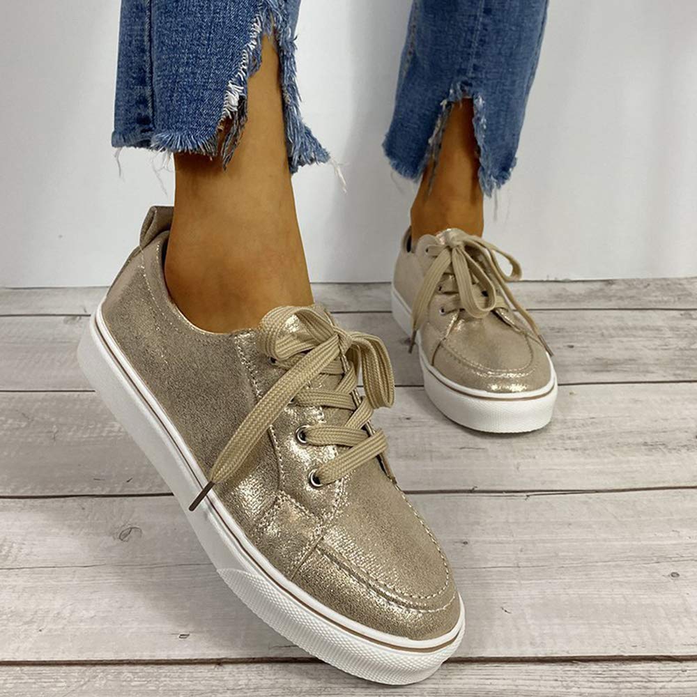 YSMIIH Women's Non-Slip Walking Shoes - Lace Up Platform Sneakers with PU Leather & Canvas - Fashion Casual Tennis Shoes for Walking, Running & Daily Wear