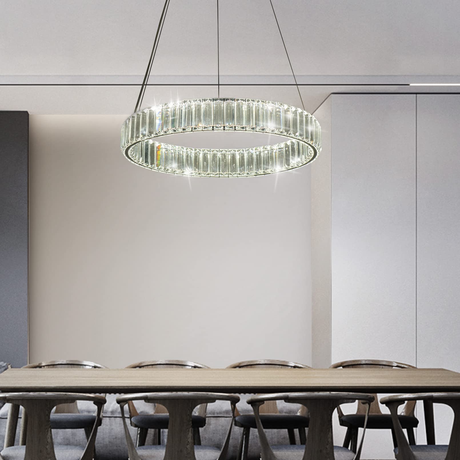 Dimmable LED Crystal Chandelier - 20 Inch Round Modern Pendant Light with Remote Control | Elegant Lighting for Kitchen, Dining Room, Living Room & Bedroom | Perfect for Home Decor & Romantic Ambiance