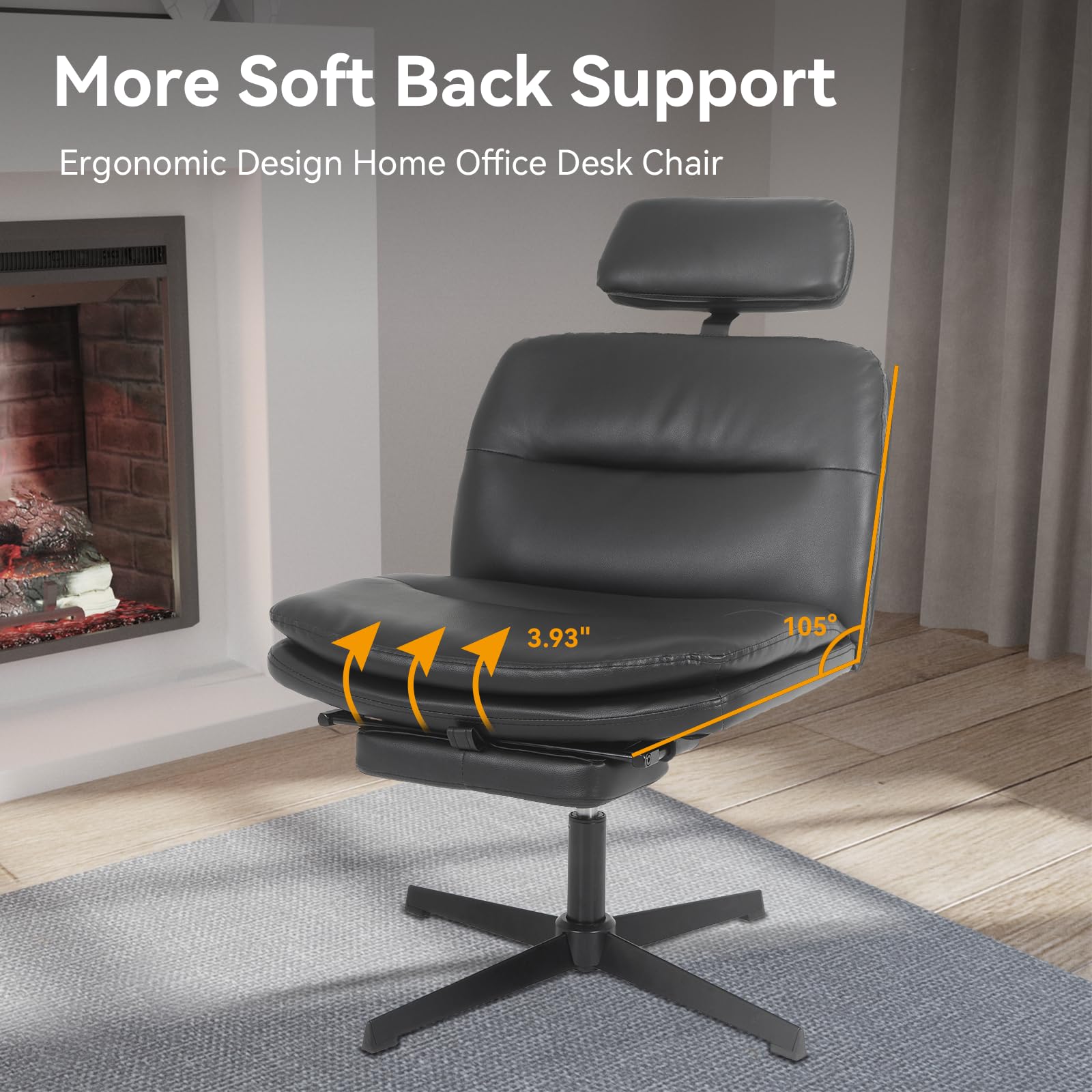 ELECWISH Criss Cross Office Chair - Armless Cross-Legged Desk Chair Without Wheels, PU Leather Ergonomic Home Office Chair with Wide Padded Seat, Headrest & Footrest - Perfect for Small Spaces, Bedroom, Living Room & Home Office (Black)