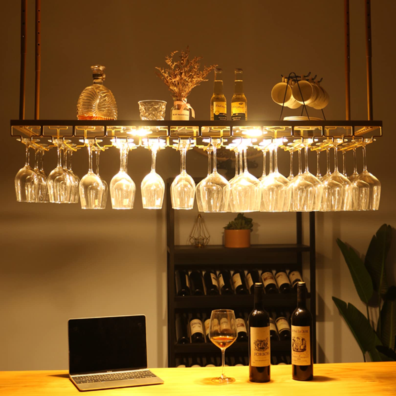 Rustic Iron Wall Mounted Wine Rack with LED Light & Glass Holder - Adjustable Ceiling Mount Bottle Rack Shelves for Bar, Kitchen, Dining Room - Perfect for Home Decor, Wine Storage & Entertaining Guests