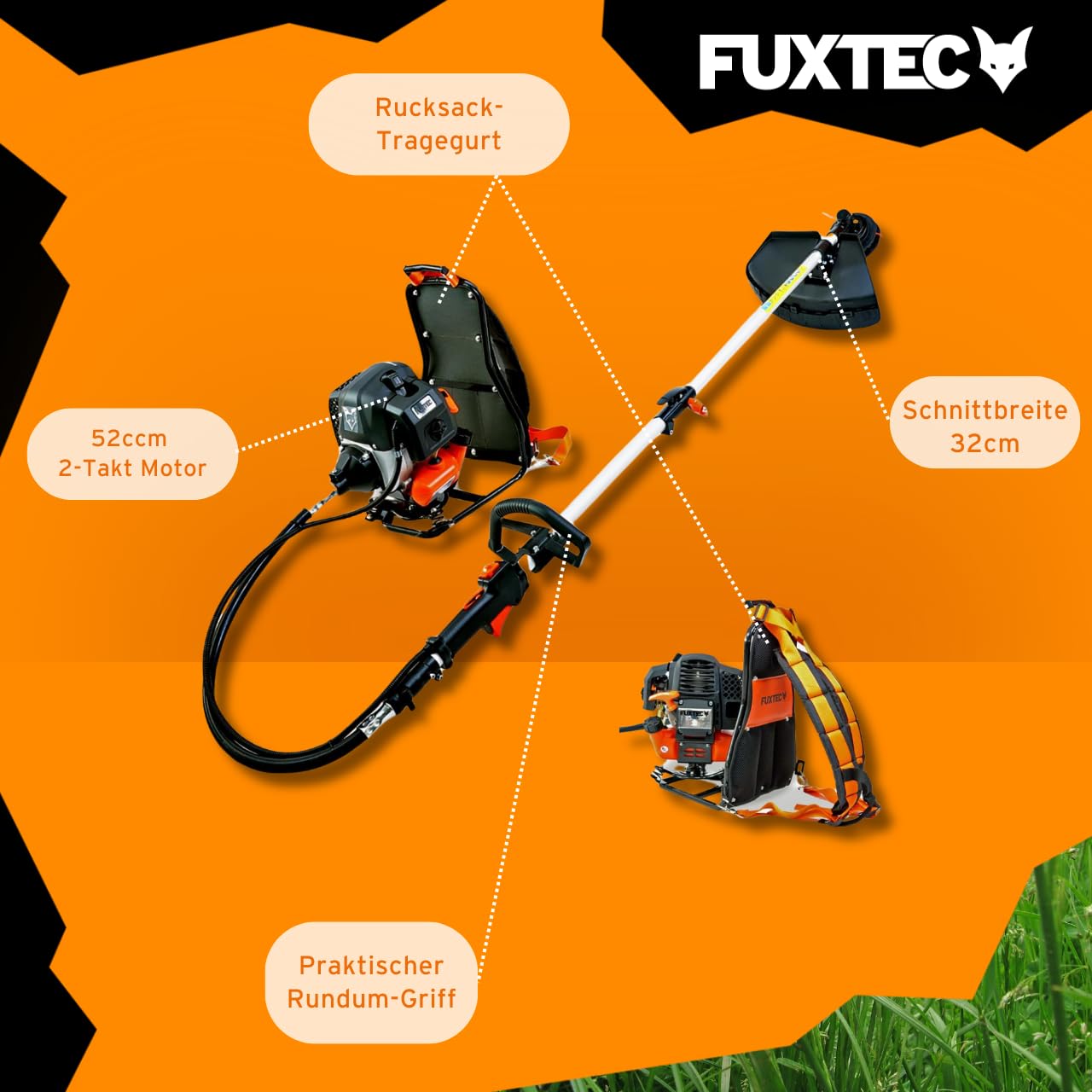 FUXTEC FX-MS152T 52cc 2-Stroke Gas-Powered Backpack Trimmer with 2-in-1 Multitool & Shoulder Harness - 3HP Lawn Edger, Brush Cutter, Weed Whacker for Professional Landscaping & Yard Maintenance
