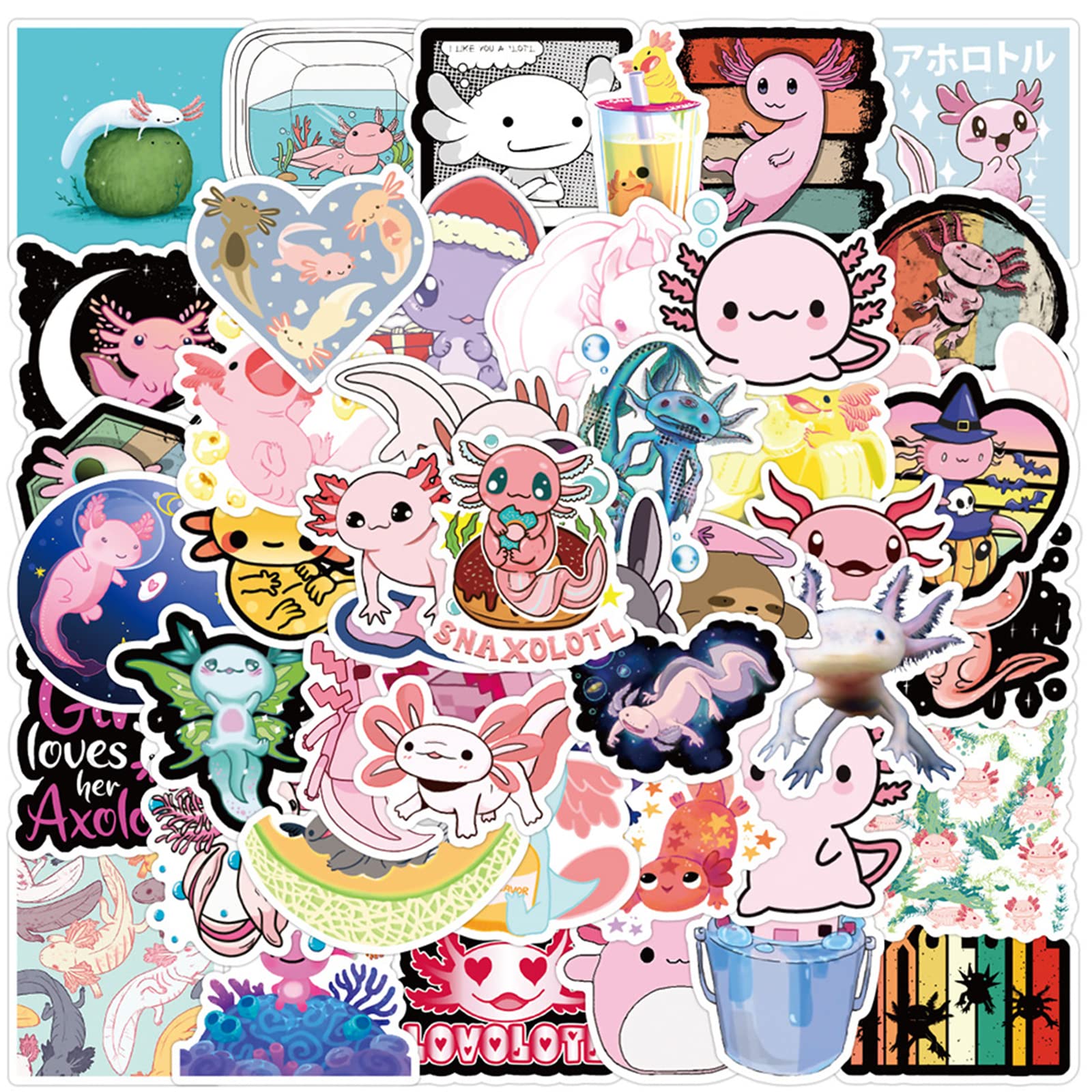 DREMISI 51-Piece Cute Axolotl Stickers Set - Waterproof Vinyl Reptile Animal Stickers for Water Bottles, Phone, Laptop, Skateboard - Aesthetic Decals for Kids Party Supplies & Gifts - Perfect for School, Travel, DIY Crafts & Home Decor