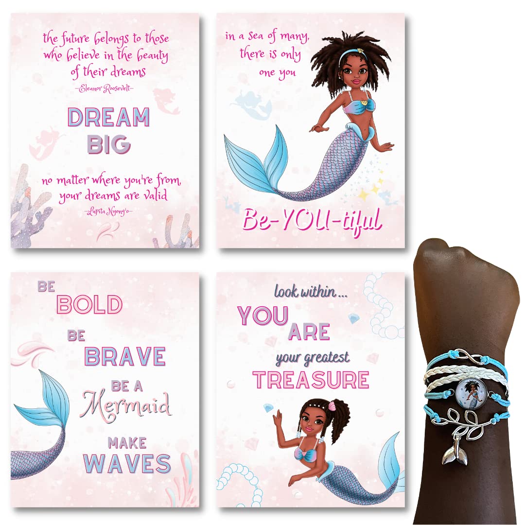 Mermaid Wall Art for Girls Bedroom - 8x10 UNFRAMED Black Girl Mermaid Decor, Unicorn Wall Art, Mermaid Pictures & Bracelet - Perfect for Kids Room Decor, Nursery Wall Decor & Teen Girl Bedroom Aesthetics
