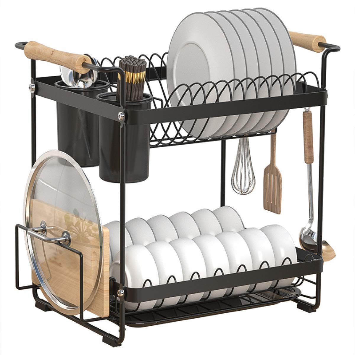 Stainless Steel 2-Tier Dish Drying Rack Over Sink with Drip Tray - Space Saving Kitchen Organizer for Dishes, Bowls, Cups & Cutting Boards - Perfect for Small Kitchens & Countertop Storage