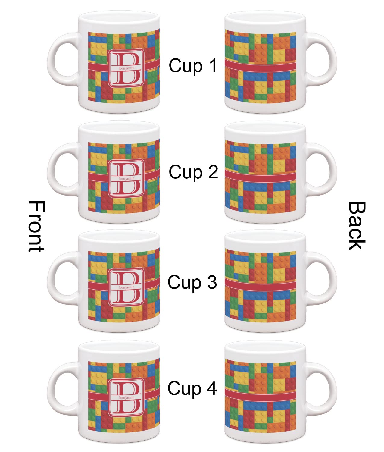 Custom Engraved Espresso Cups Set of 4 - Personalized Coffee Mugs with Building Blocks Design - Perfect for Home Baristas, Office Coffee Breaks & Gift Giving