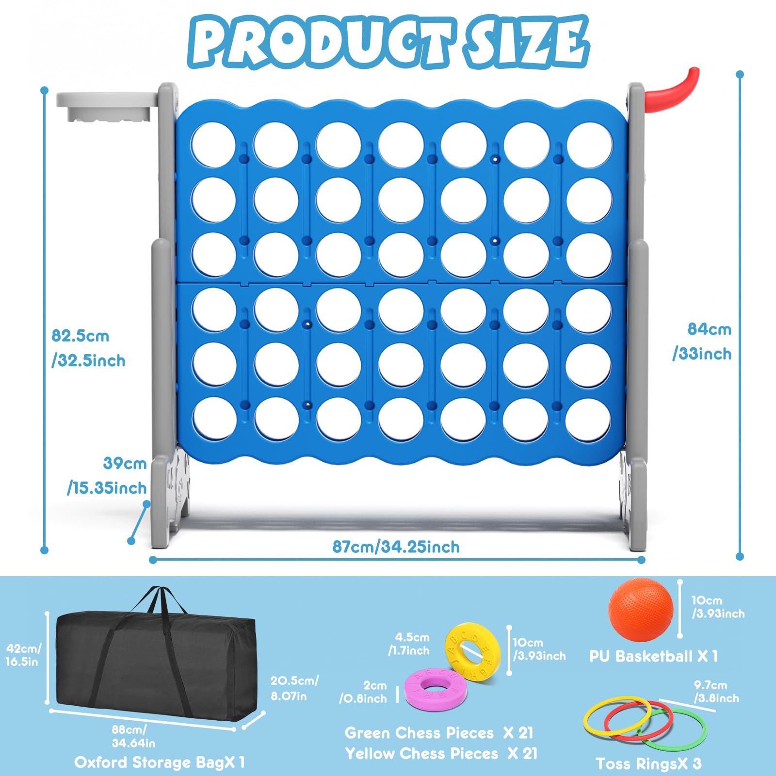 YUFU Giant 4-in-a-Row Connect Game Set with Basketball Hoop & Ball - Jumbo 4-to-Score Outdoor Yard Game with Ring Toss - Fun Family Party Games for Kids & Adults - Perfect for Backyard BBQs, Birthday Parties & Camping Trips