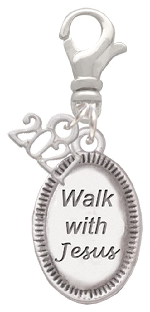 Delight Jewelry Silvertone Walk with Jesus Oval Clip On Charm - Religious Pendant for Necklace, Bracelet & Keychain - Perfect for Church, Baptism & Christian Gifts