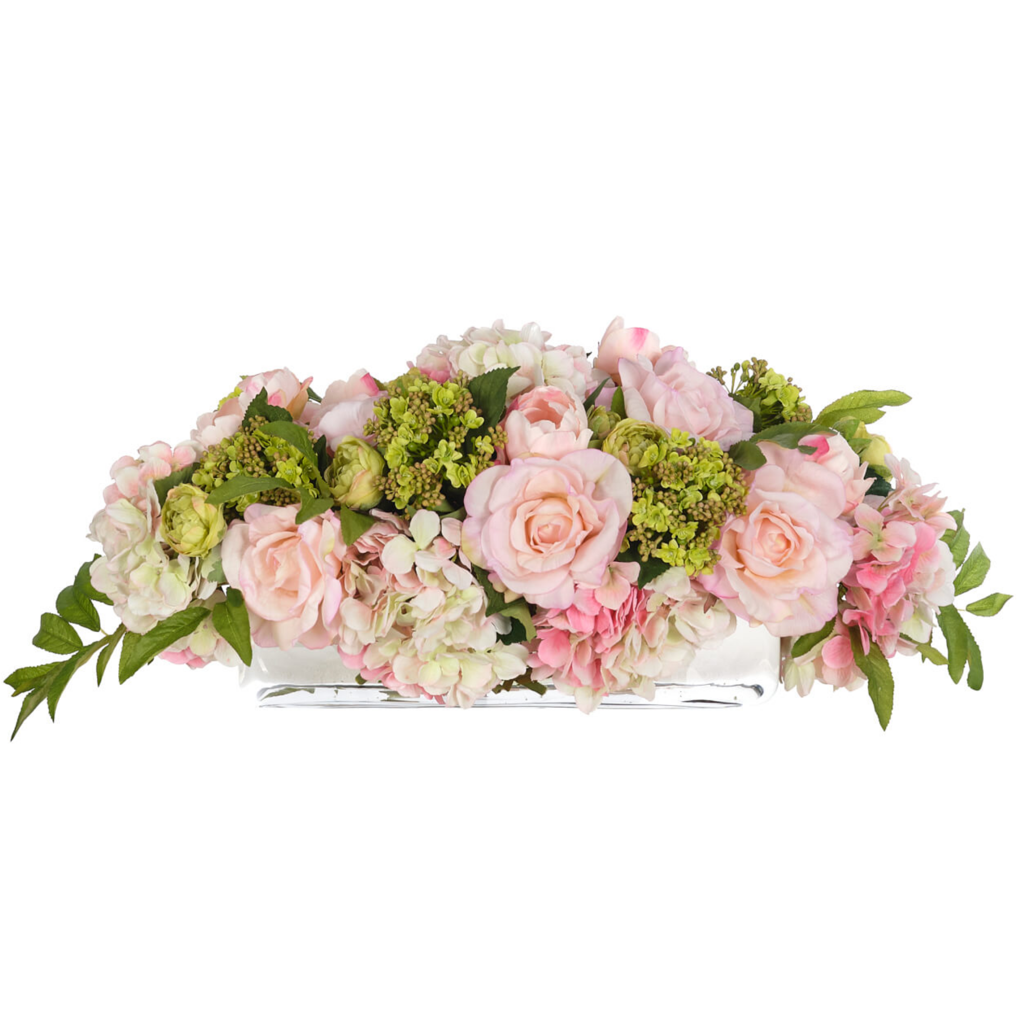 9 Faux Pink Roses & Green Ranunculus Artificial Flowers in Glass Rectangle Vase - Elegant Home Decor for Dining Table, Wedding Centerpiece, Office Desk