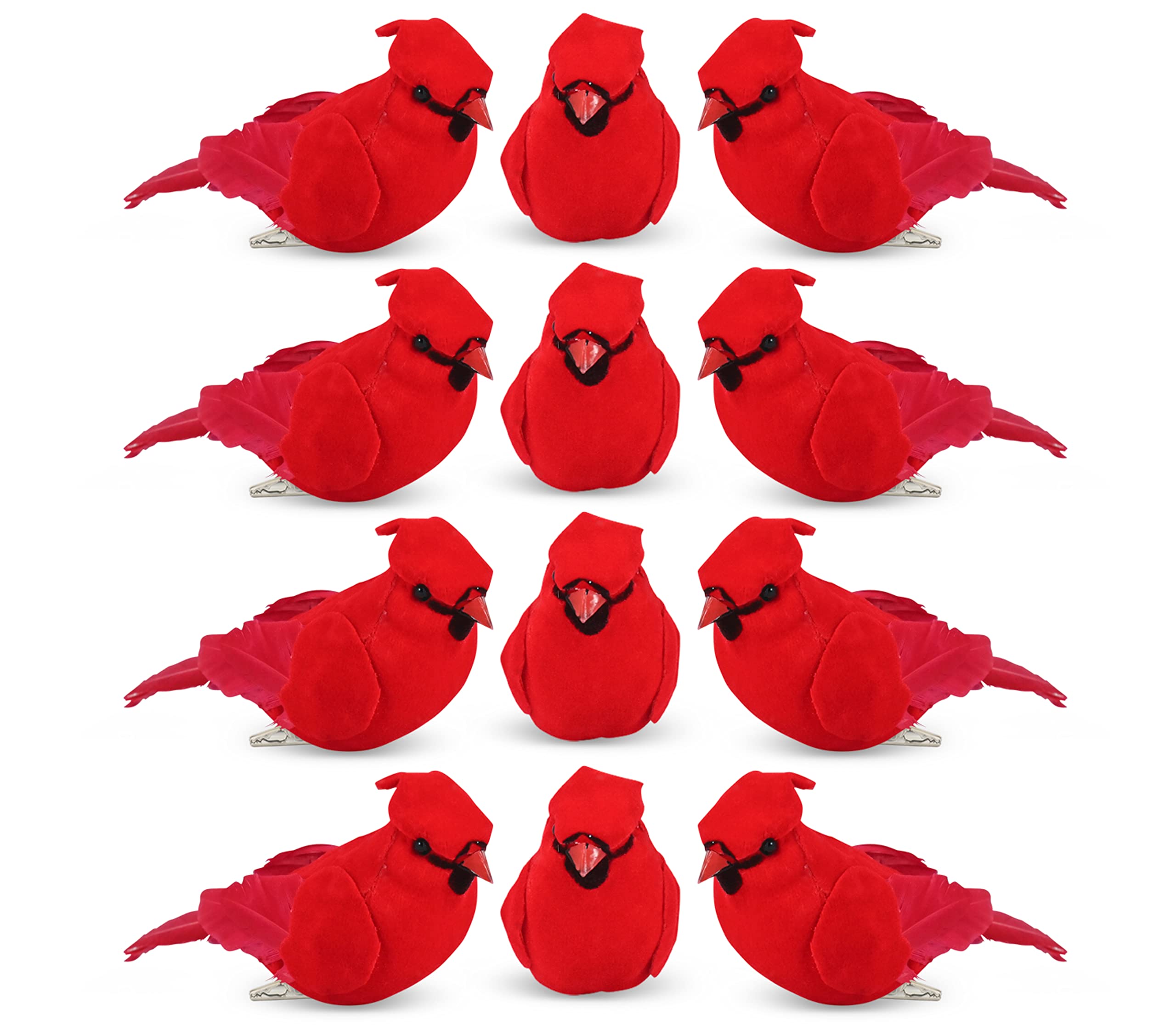 12-Pack 3.5 Inch Red Cardinal Christmas Ornaments - Realistic Velvet Feather Clip-On Artificial Birds for Holiday Tree Decorations - Perfect for Christmas Trees, Wreaths, Mantels & Festive Home Decor