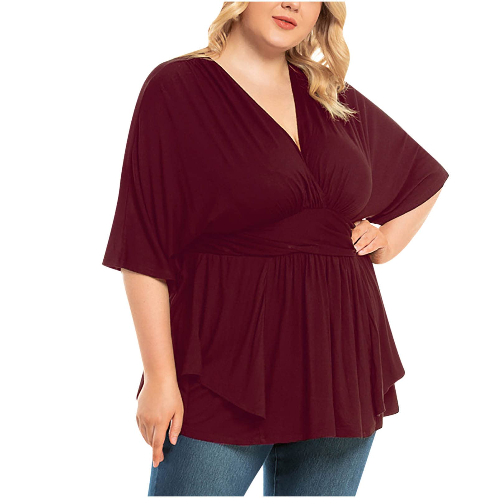 Plus Size Women's Elbow Sleeve Deep V Neck Peplum Blouse - Solid Color Tunic T-Shirt for Casual Wear, Office & Date Night Outfits