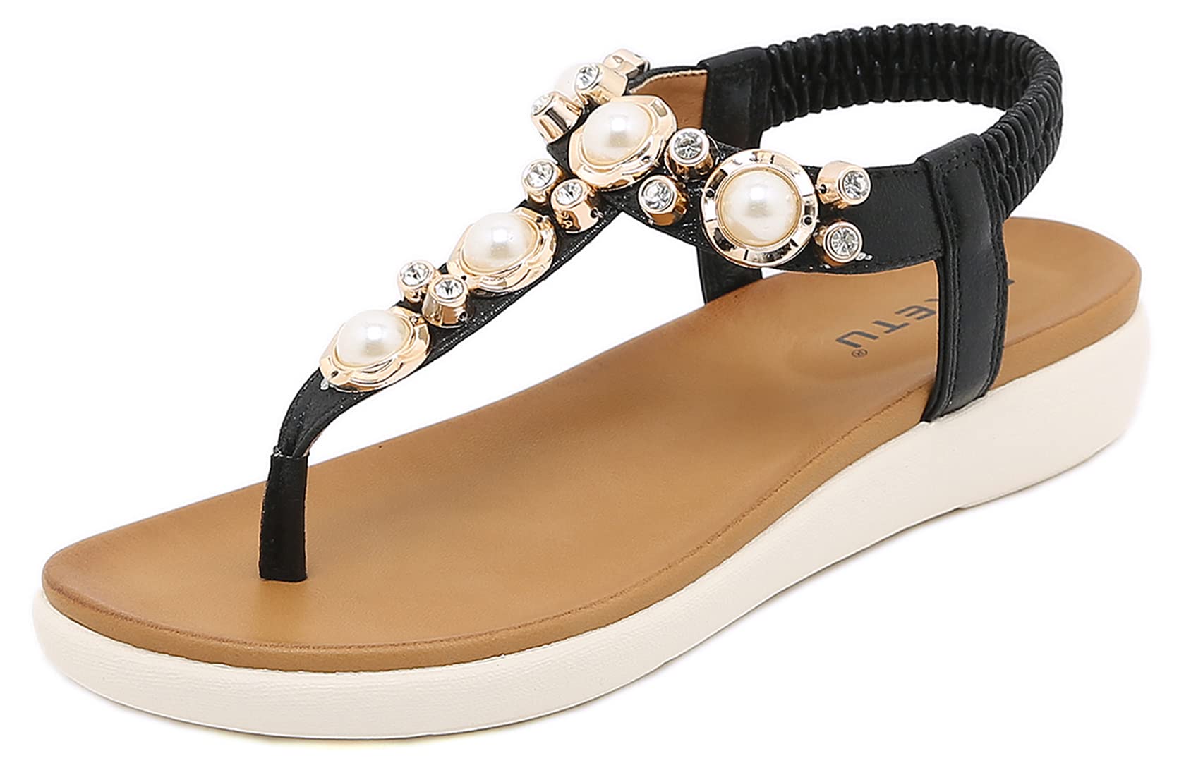 DolphinBanana Women's Bohemian Glitter Summer Flat Sandals with Rhinestones & Pearls - Comfortable T-Strap Thong Sandals for Beach, Wedding, Party & Vacation