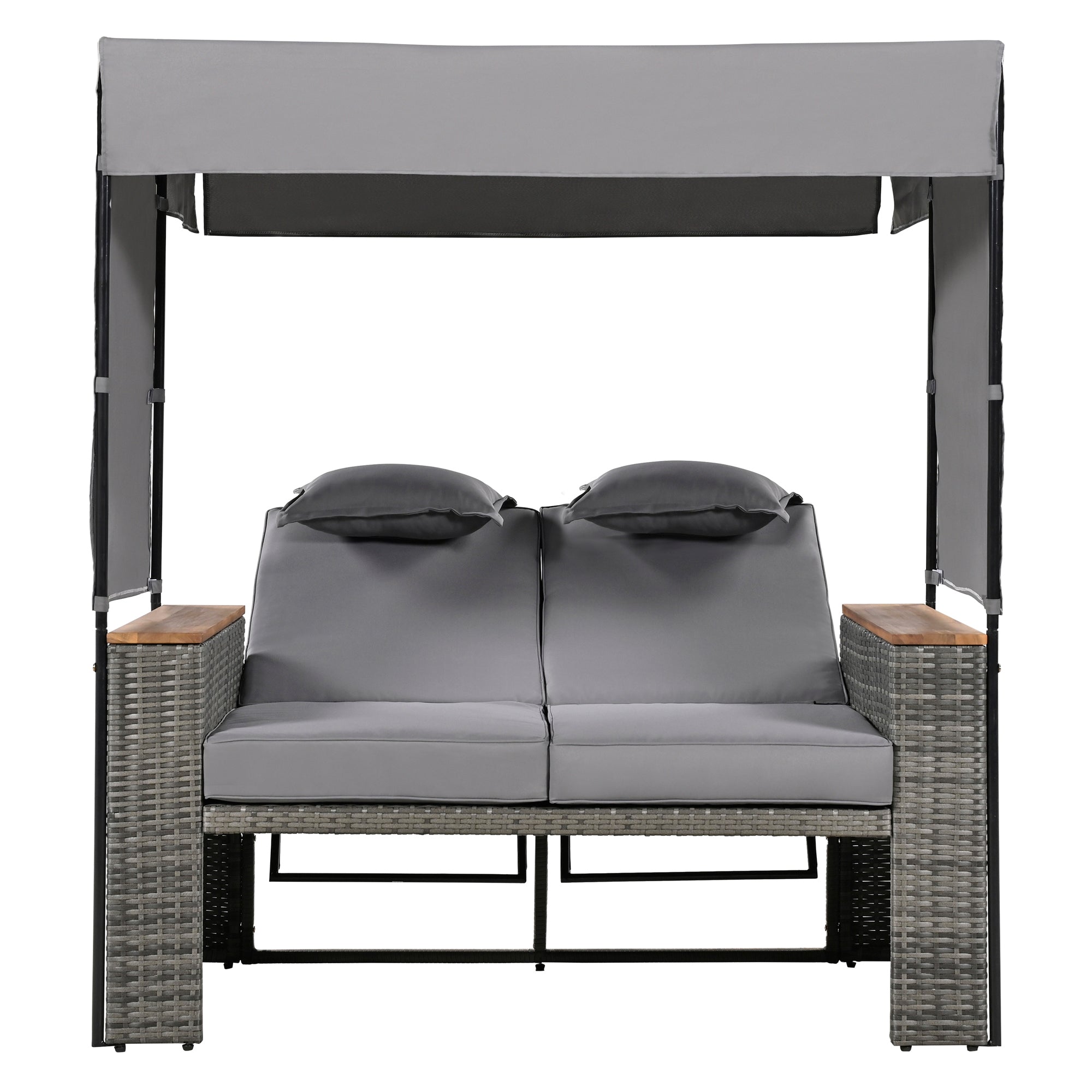 2 Piece Outdoor Rattan Daybed with Bench Lounge Roof Set & Cushions - Waterproof Wicker Patio Furniture for Poolside, Backyard, Garden - Perfect for Sunbathing, Relaxing & Outdoor Entertaining