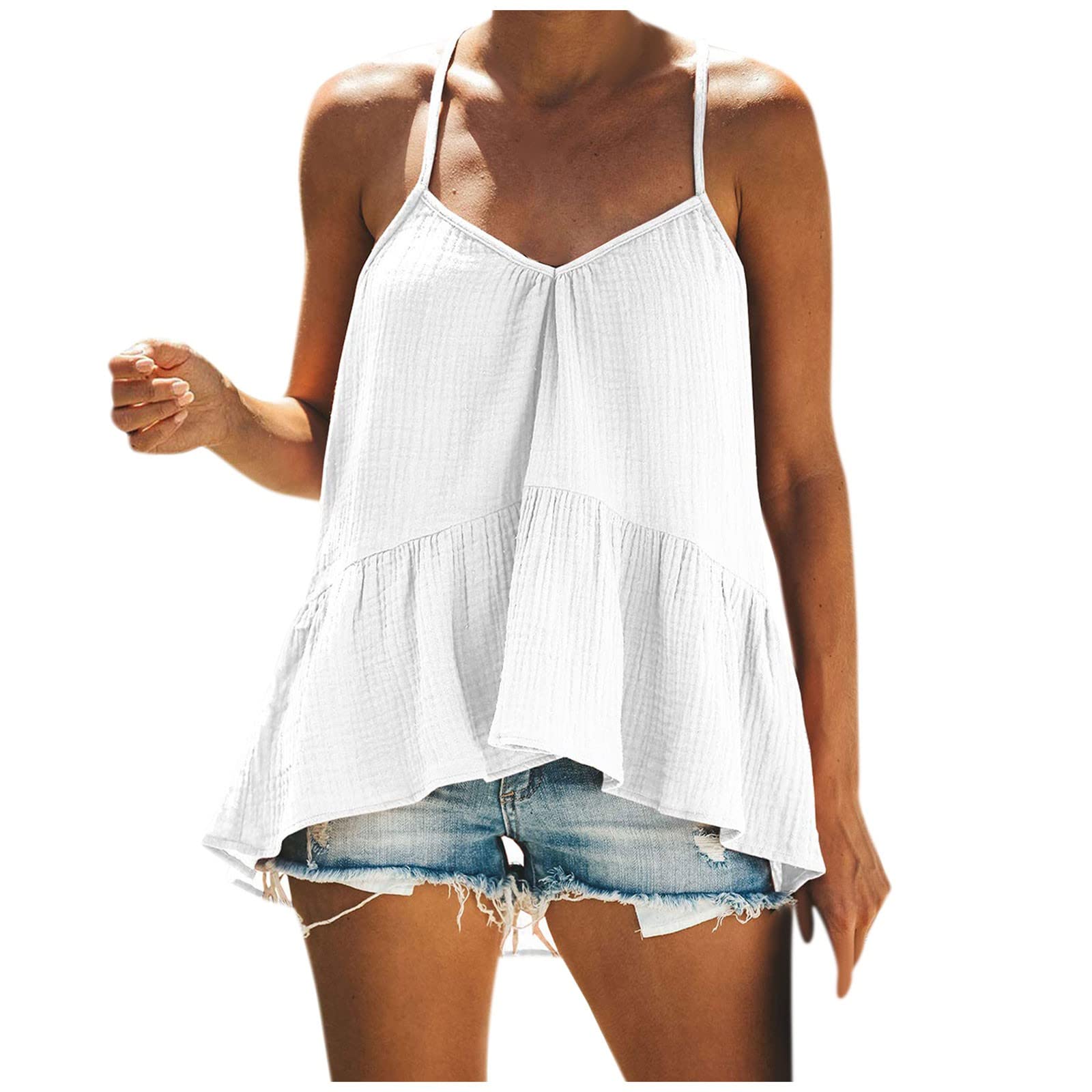 Women's Spaghetti Strap Loose V-Neck Ruffle Flowy Tunic Top - Summer Boho Beach Cover Up, Casual Outfit & Vacation Dress