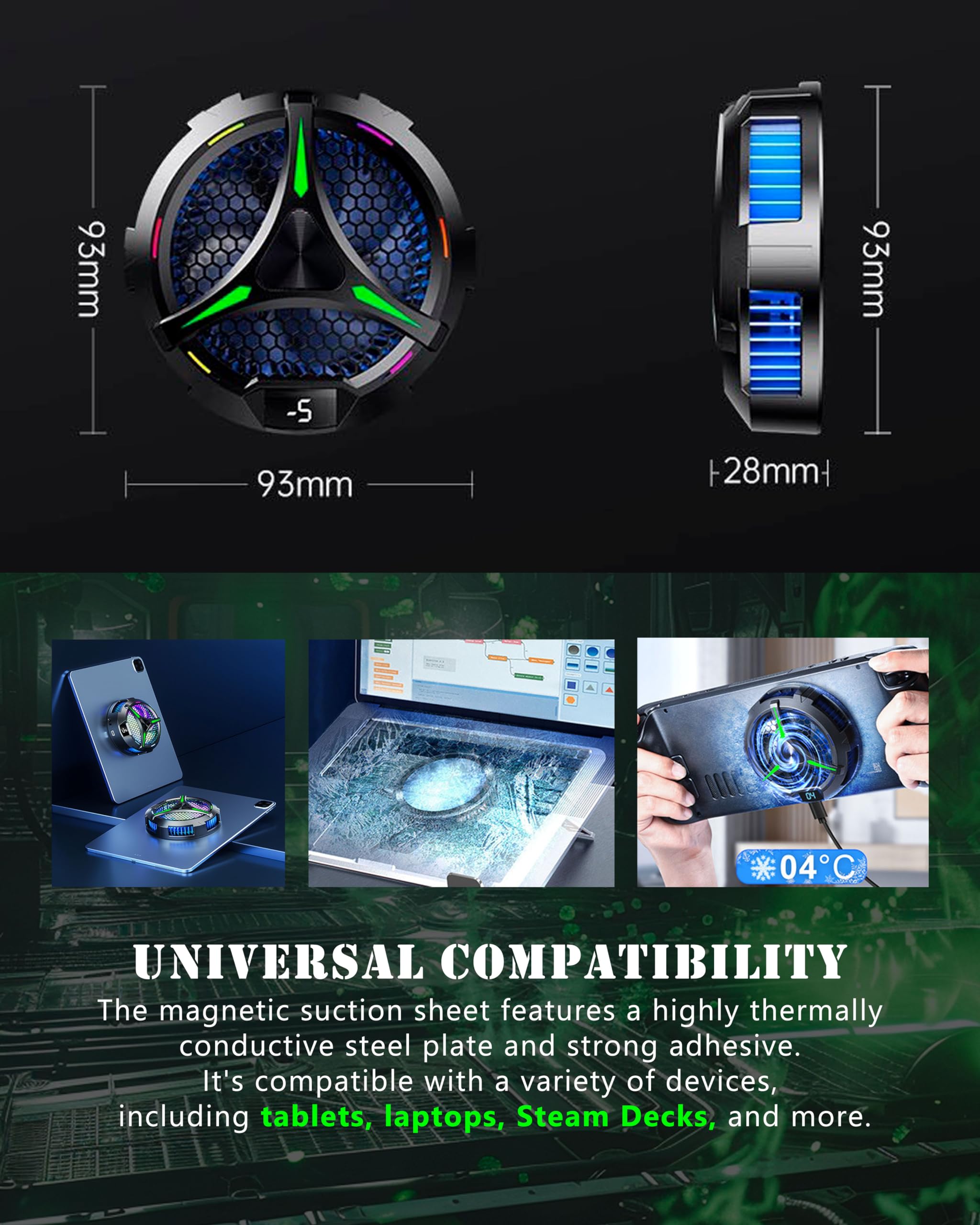 Magnetic Cooler for iPad & Tablets, Universal Radiator with Temperature Display for iPad/Surface Pro/Samsung Tab, Ideal for Mobile Gaming & TikTok Live Streaming (Green Mech)