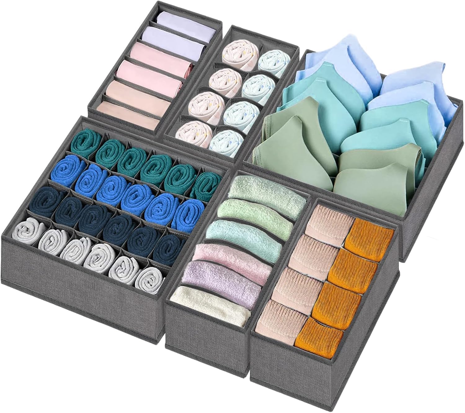 6 Pack Underwear Organizer with Dividers - 58 Cell Foldable Non-Woven Fabric Dresser Storage Box for Socks, Bras, Panties, Scarves & Ties (Grey) | Perfect for Closet, Drawer & Travel Organization