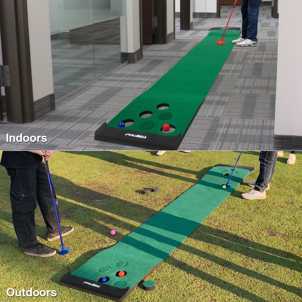 Pong Mat Golf Game Set - Green Indoor/Outdoor Putting Mat with 2 Adjustable Putters, 6 Golf Balls & 12 Hole Covers | Perfect for Short Game Practice, Office Parties, Backyard Fun & Family Entertainment