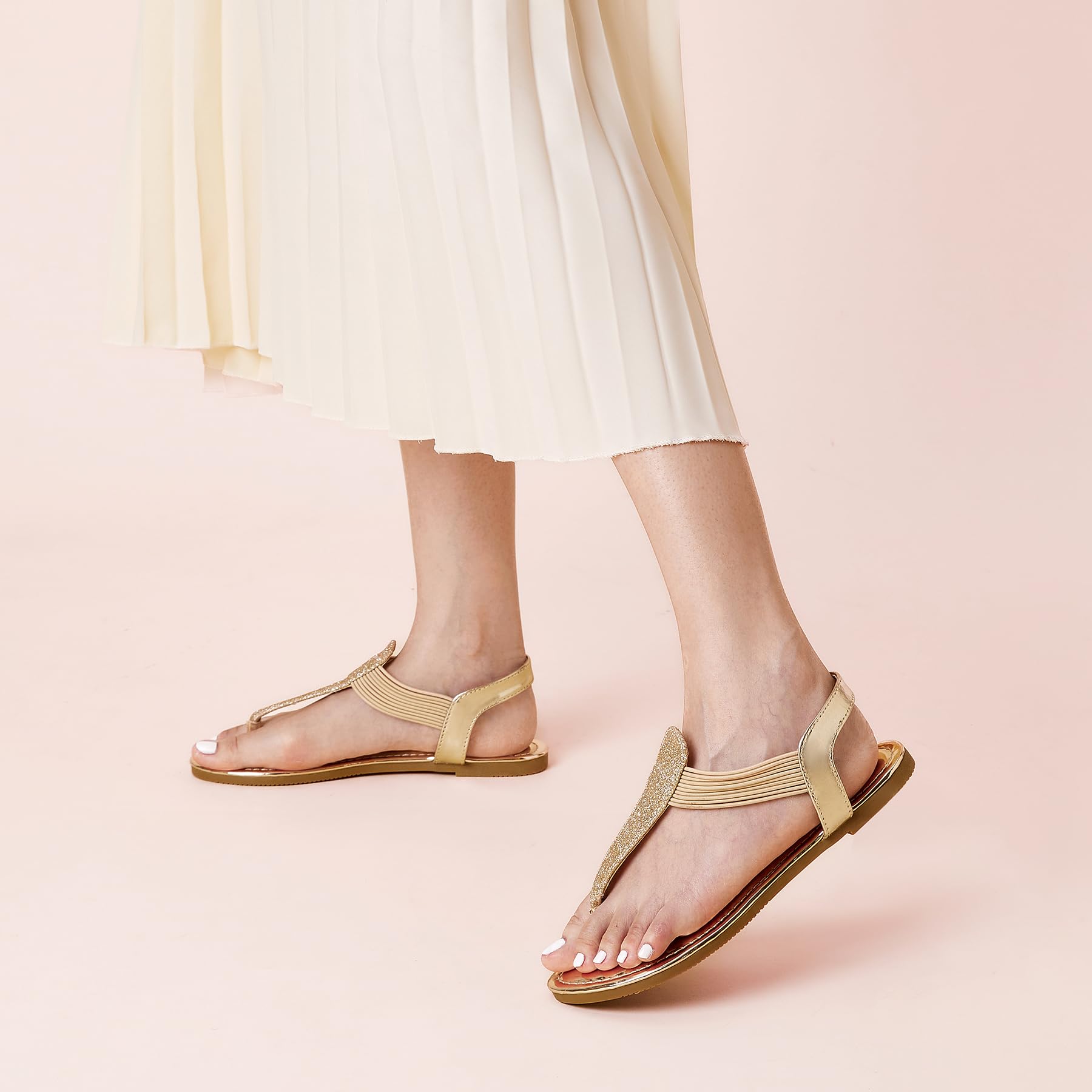 SANDALUP Women's Elastic Strappy Flat Sandals - Sparkling Thong Sandals with Ankle Strap for Summer | Comfortable Dressy Sandals for Walking, Beach, Parties & Casual Outfits