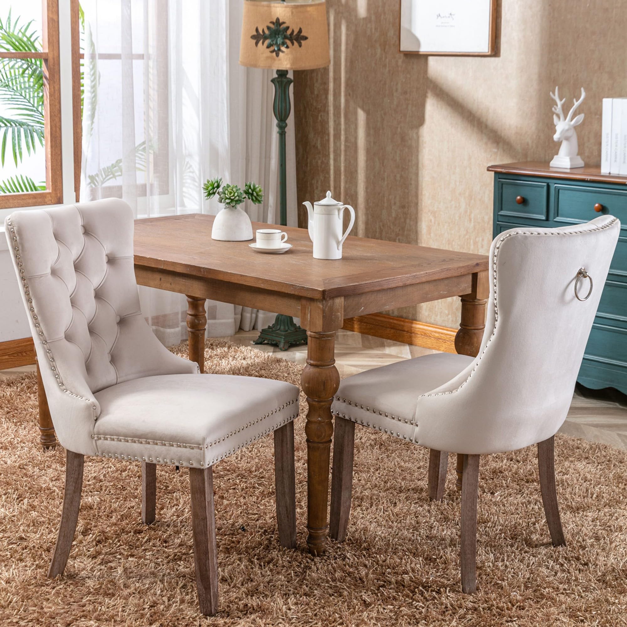 Luxury Velvet Upholstered Dining Chairs - Contemporary Button Tufted Design with Nailhead Trim & Wood Legs - Elegant Kitchen & Dining Room Furniture Set of 2 (Beige) - Perfect for Formal Dining, Entertaining Guests & Modern Home Decor