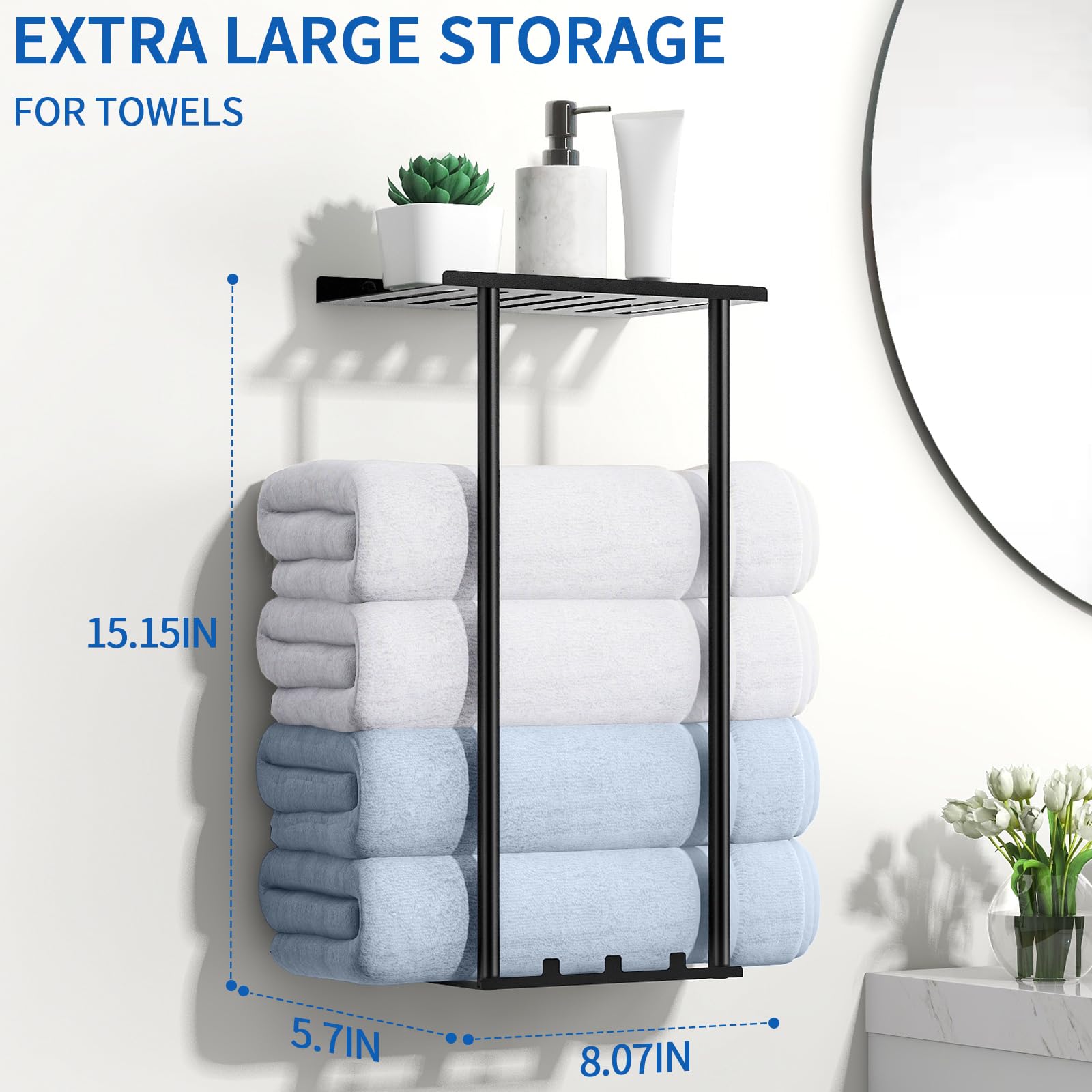 Sturdy Metal Wall Mounted Towel Rack for Bathroom - Rustproof Towel Holder with Hooks for Large & Rolled Towels | Space-Saving Bathroom Storage Solution (Black) - Perfect for Small Bathrooms, Spa-Like Showers & Organized Powder Rooms
