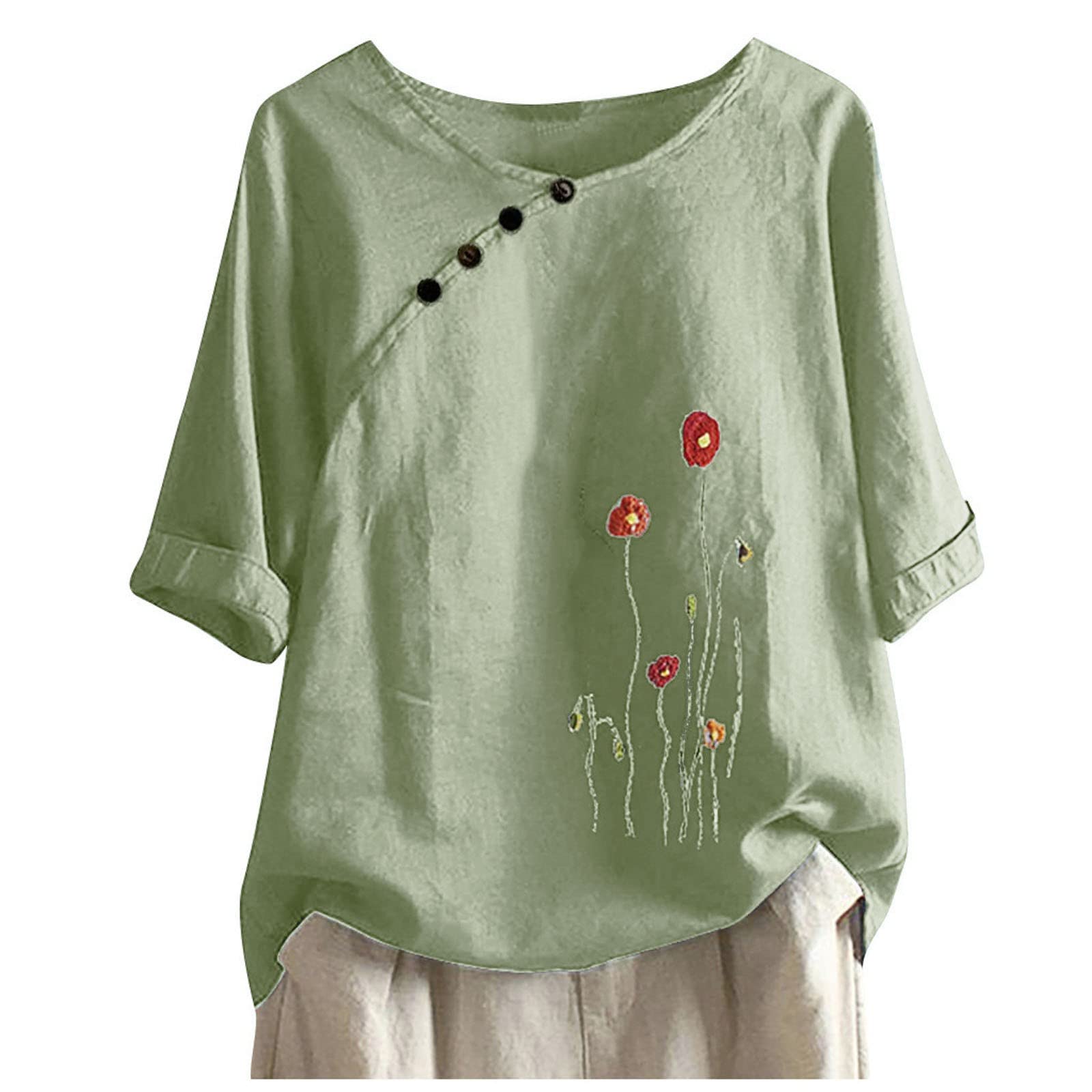 Plus Size Cotton Linen T-Shirts for Women - Summer Casual Short Sleeve Embroidery Button Tunic Tops - Vintage Crewneck Blouses for Everyday Wear & Boho Outfits