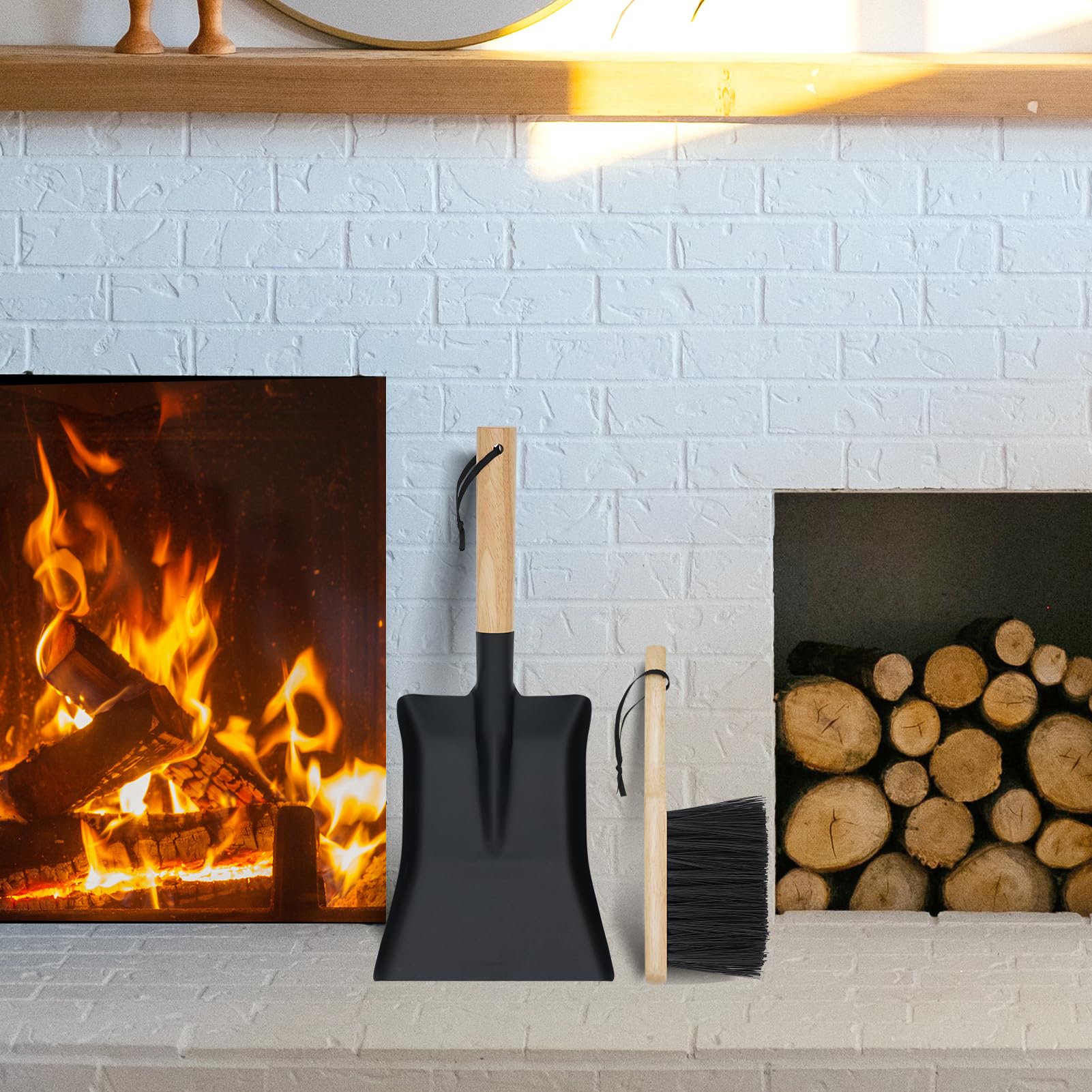Fireplace Shovel & Brush Set - Heavy Duty Ash Shovel and Hearth Broom with Wooden Handle | Fireplace Tools Set with Metal Ash Pan | Perfect for Indoor Fireplaces & Outdoor Fire Pits | Essential Fire Pit Accessories for Cozy Nights