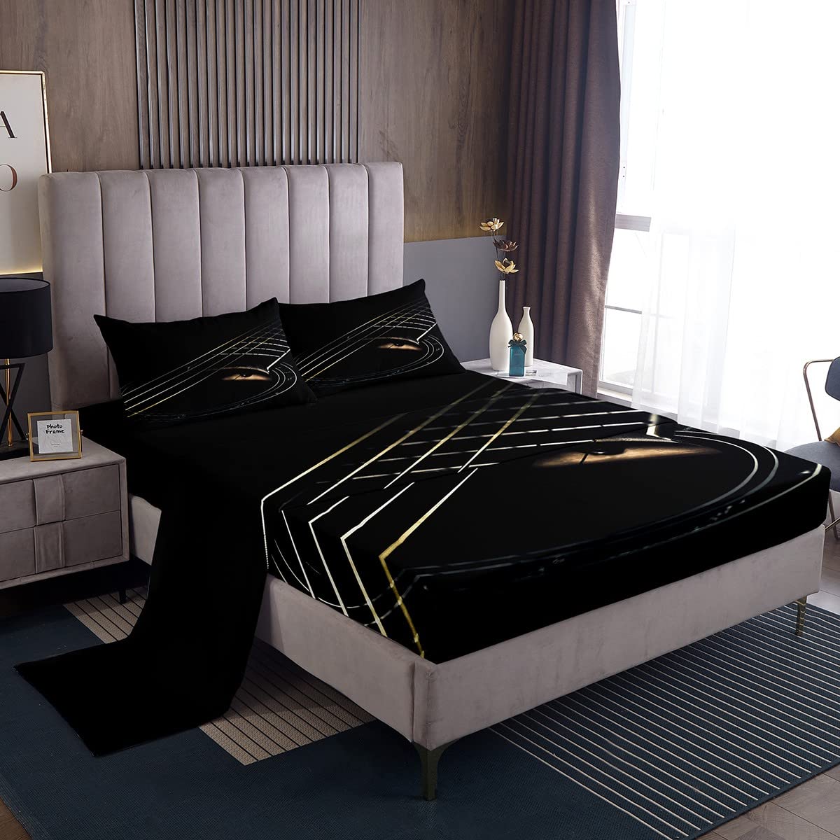 3D Guitar Bed Sheet Set 4-Piece - Music Theme Microfiber Soft Bedding for Kids & Teens - Includes 1 Flat Sheet, 1 Deep Pocket Fitted Sheet, 2 Pillowcases (Queen Size) - Perfect for Music Lovers' Bedrooms, Dorm Rooms & Themed Decor